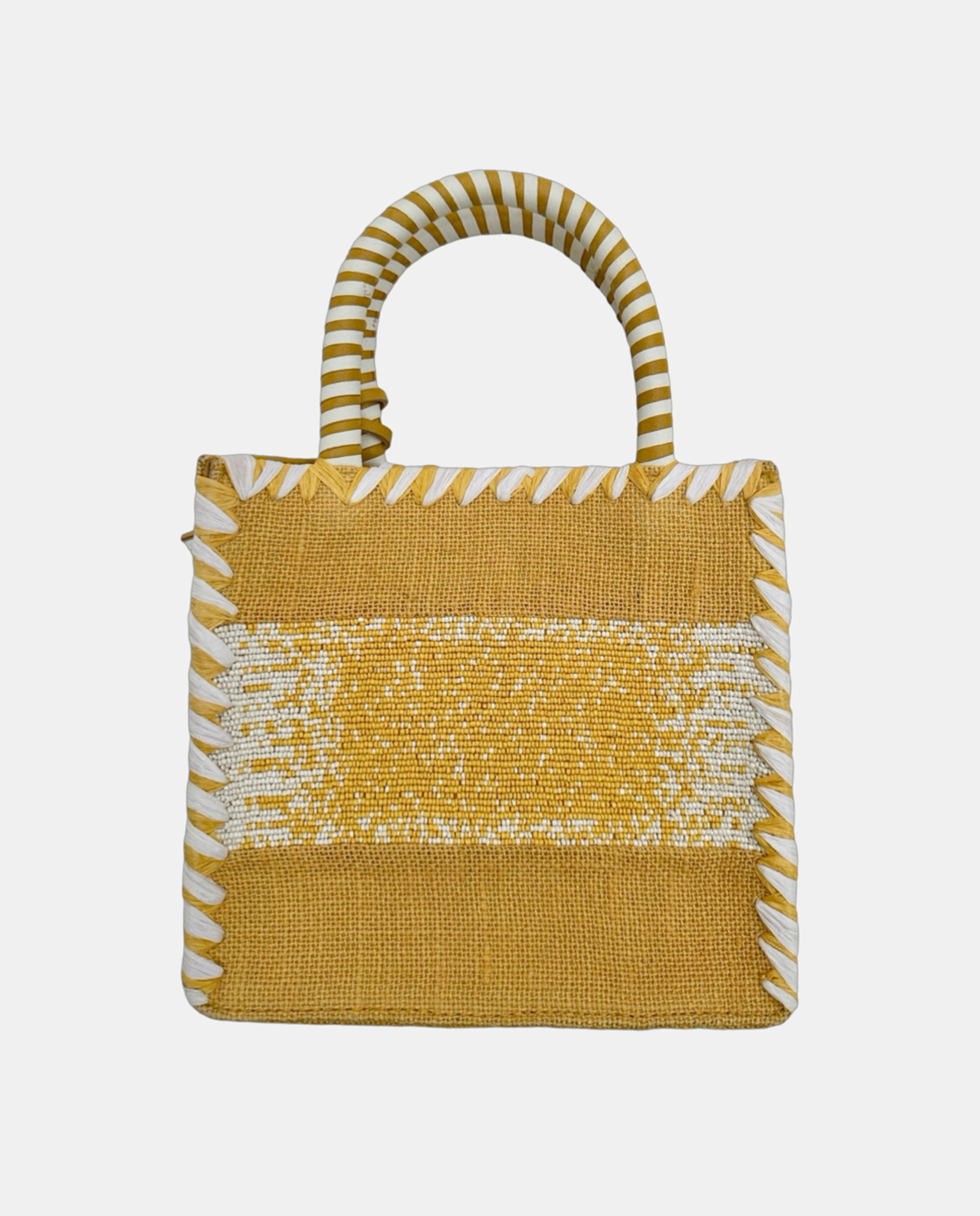 Cesta Pequena de Juta com Alças Rígidas e Detalhe Decorativo "Miami". Amarelo-2