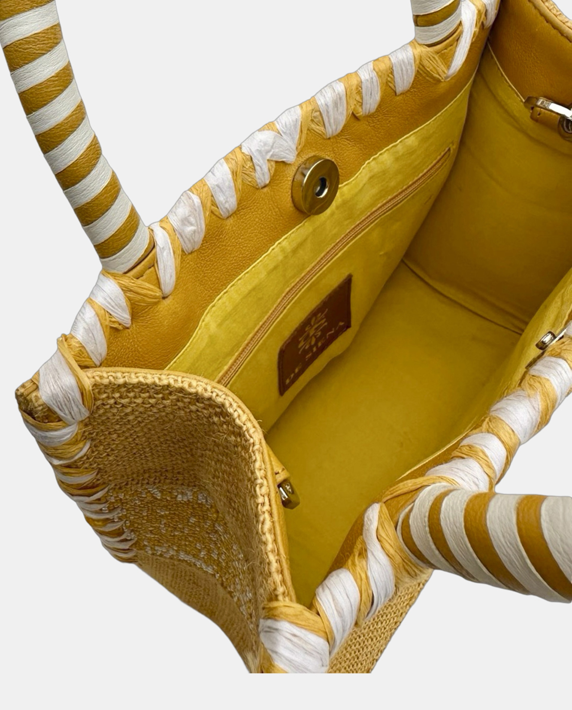 Cesta Pequena de Juta com Alças Rígidas e Detalhe Decorativo "Miami". Amarelo-3