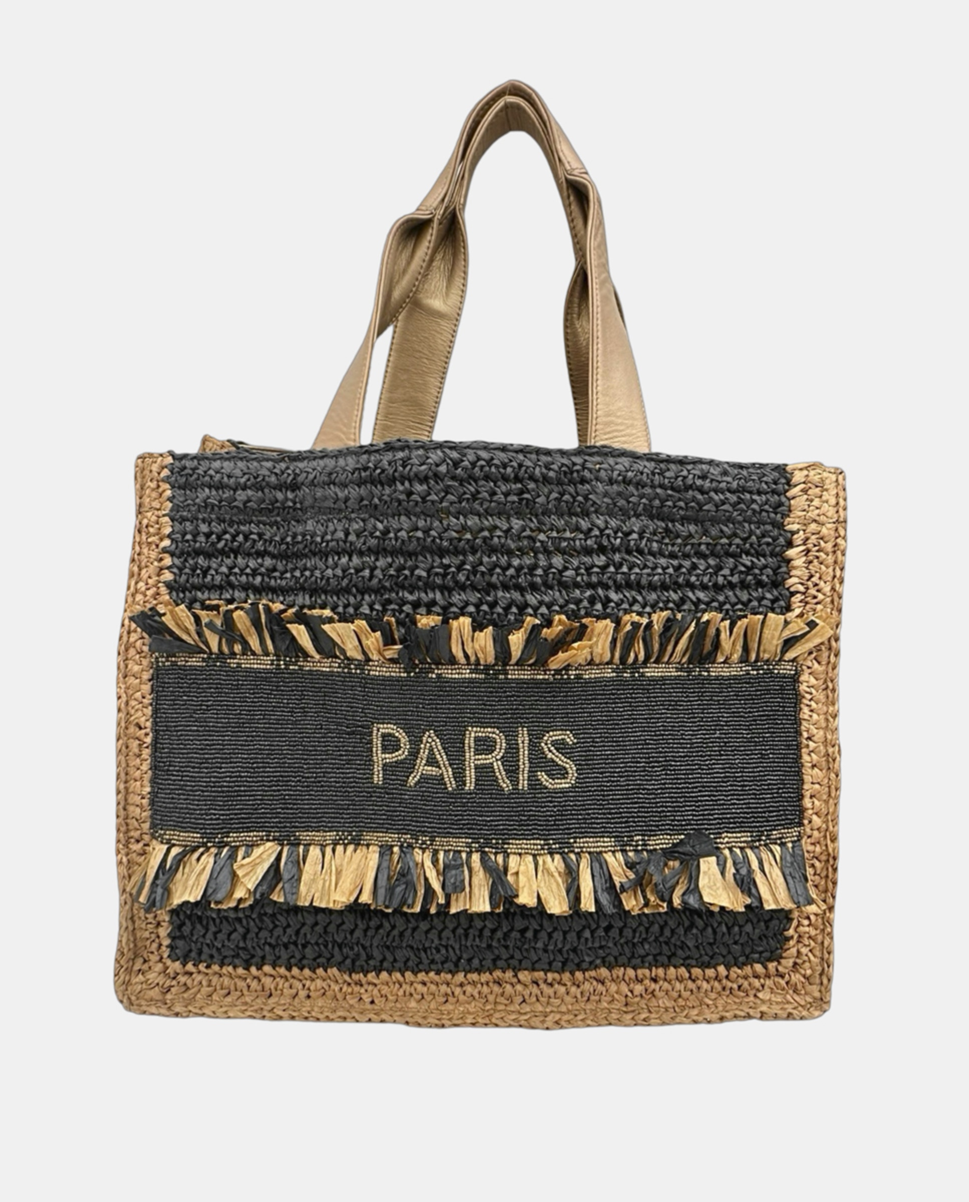 Mala de Ráfia Entrançada à Mão com Alças Suaves, Franjas de Ráfia e Decoração "Paris" Azul-1