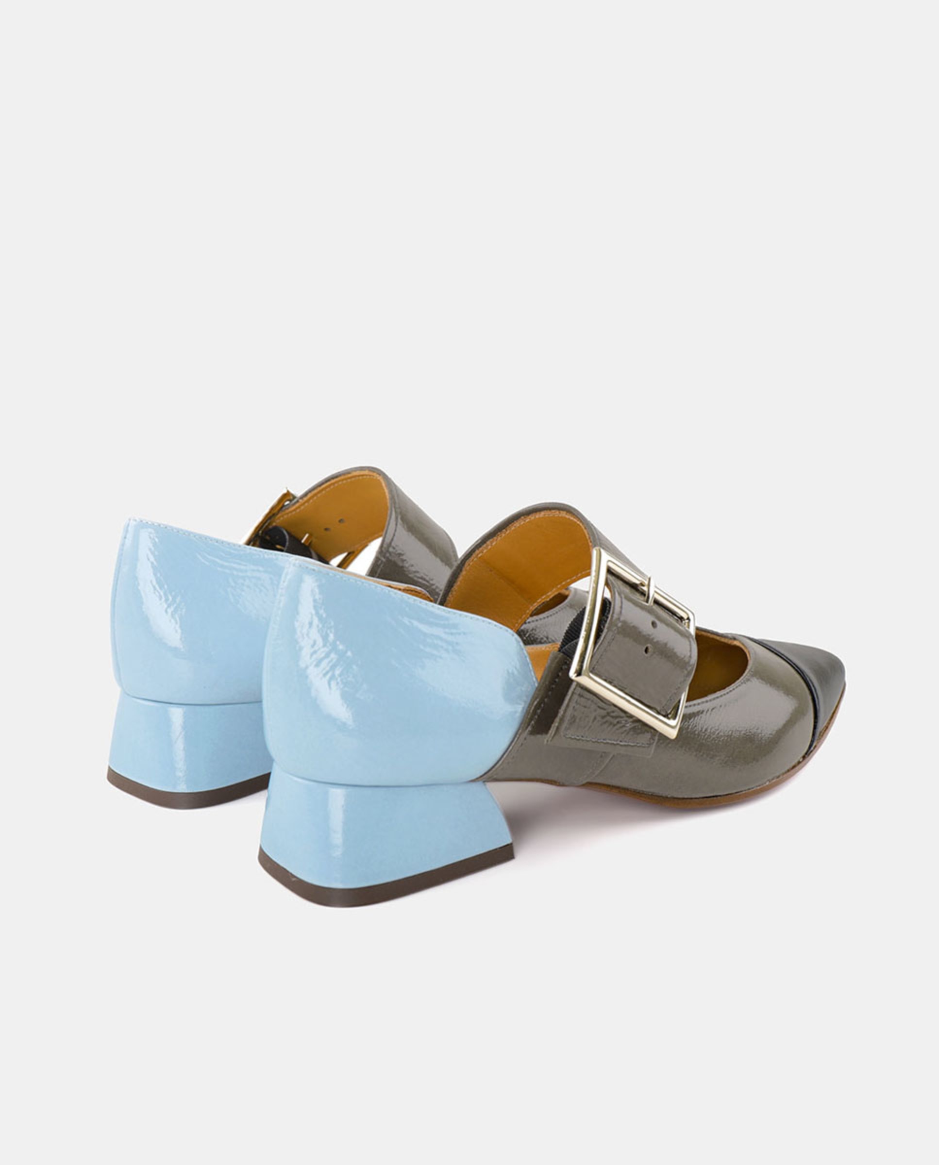 Sapatos em Pele com Salto de Bloco Cinzento-3