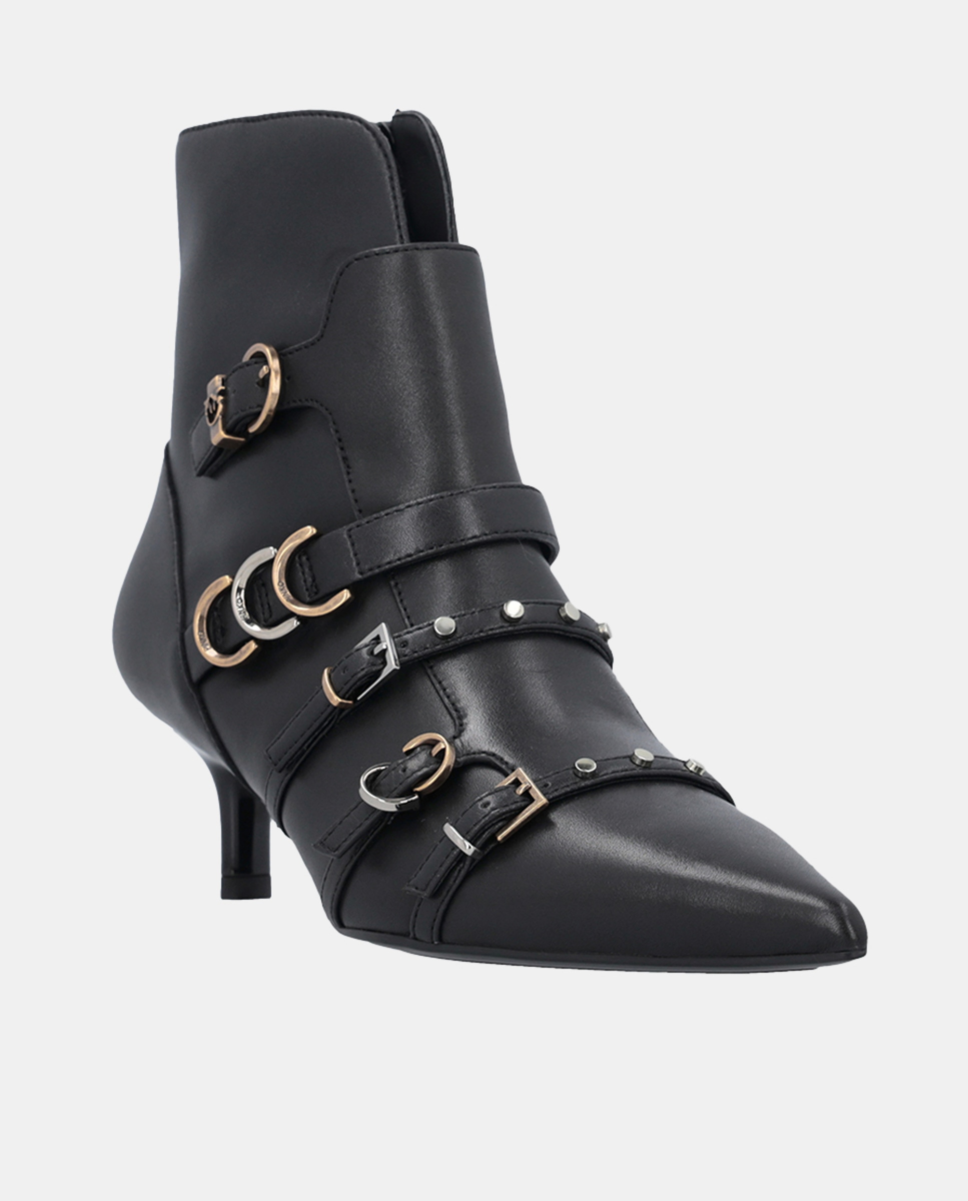 Botins Kitten Heel com Salto Baixo e Fivelas Preto-2