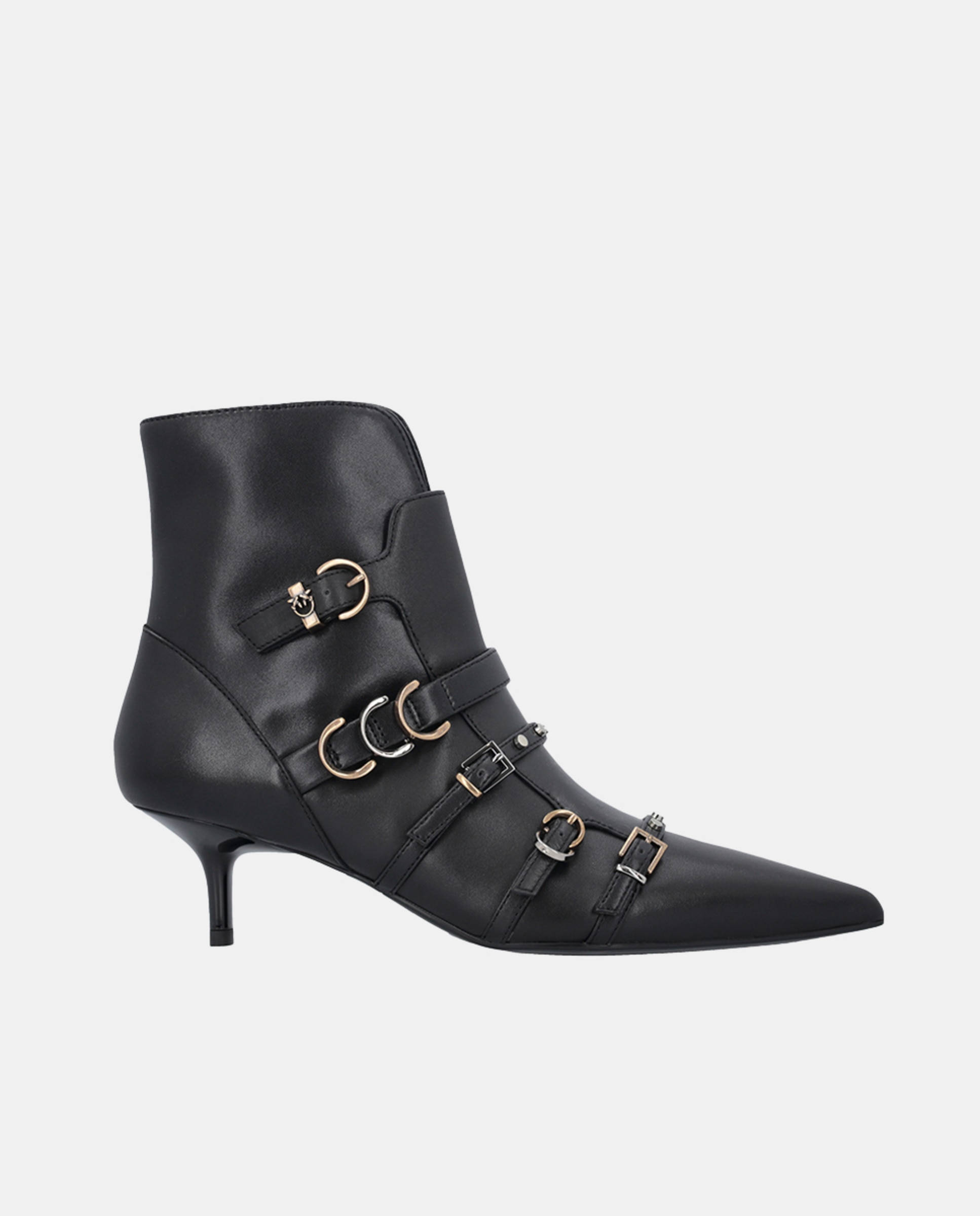 Botins Kitten Heel com Salto Baixo e Fivelas Preto-1