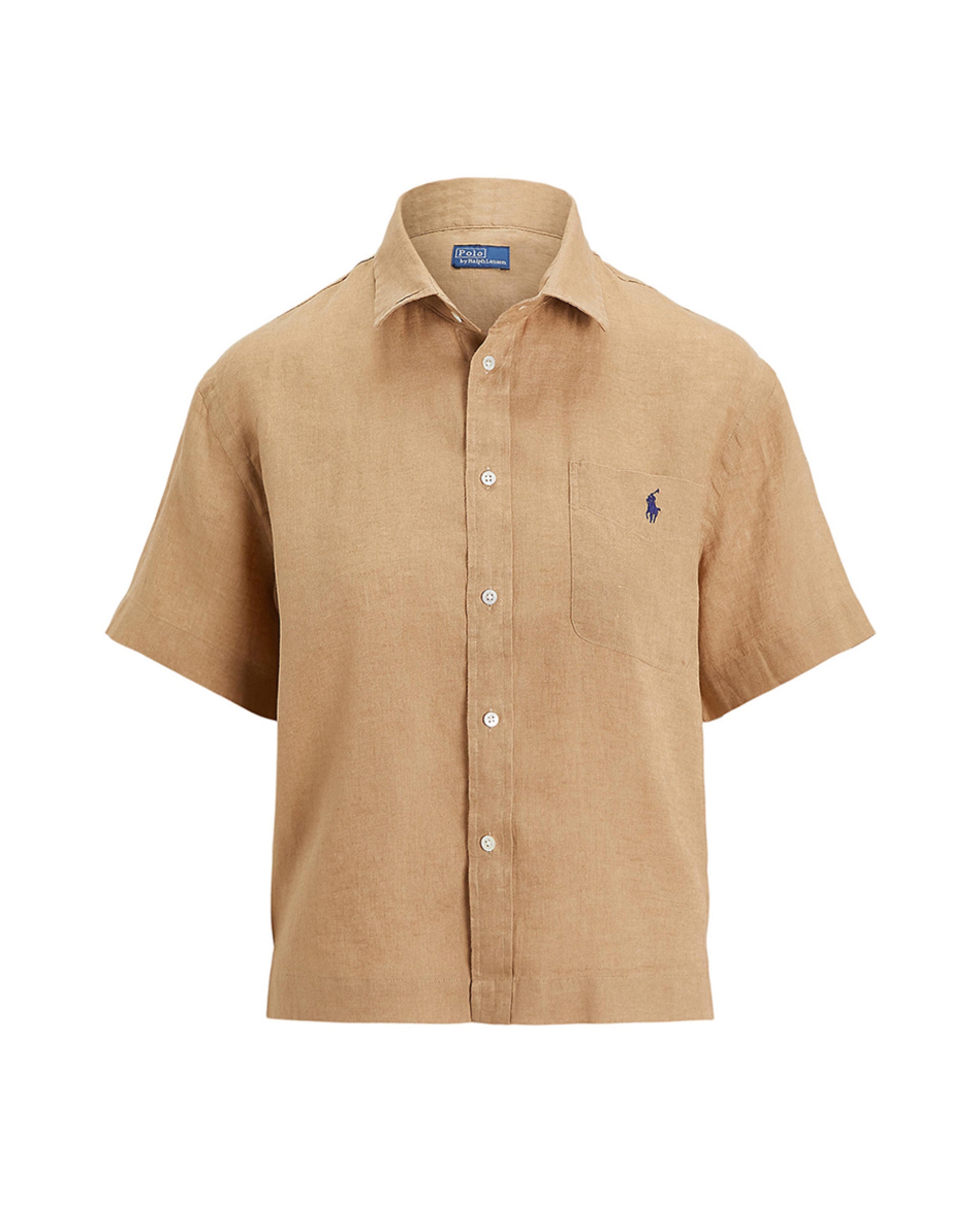 Camisa com Manga Curta e em Linho Camel-4
