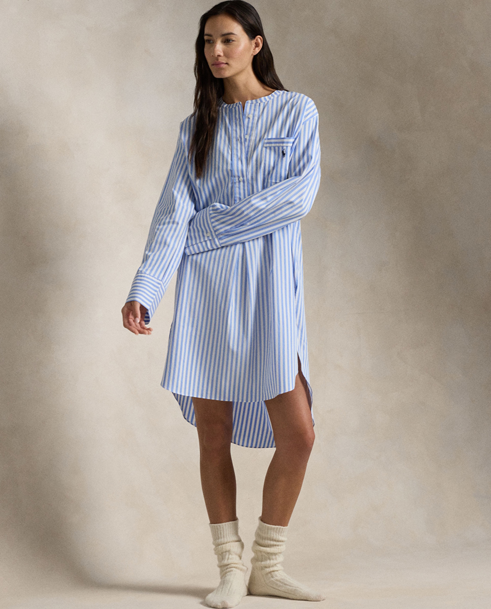 Camisa de Dormir com Manga Comprida às Riscas Azul-claro-1