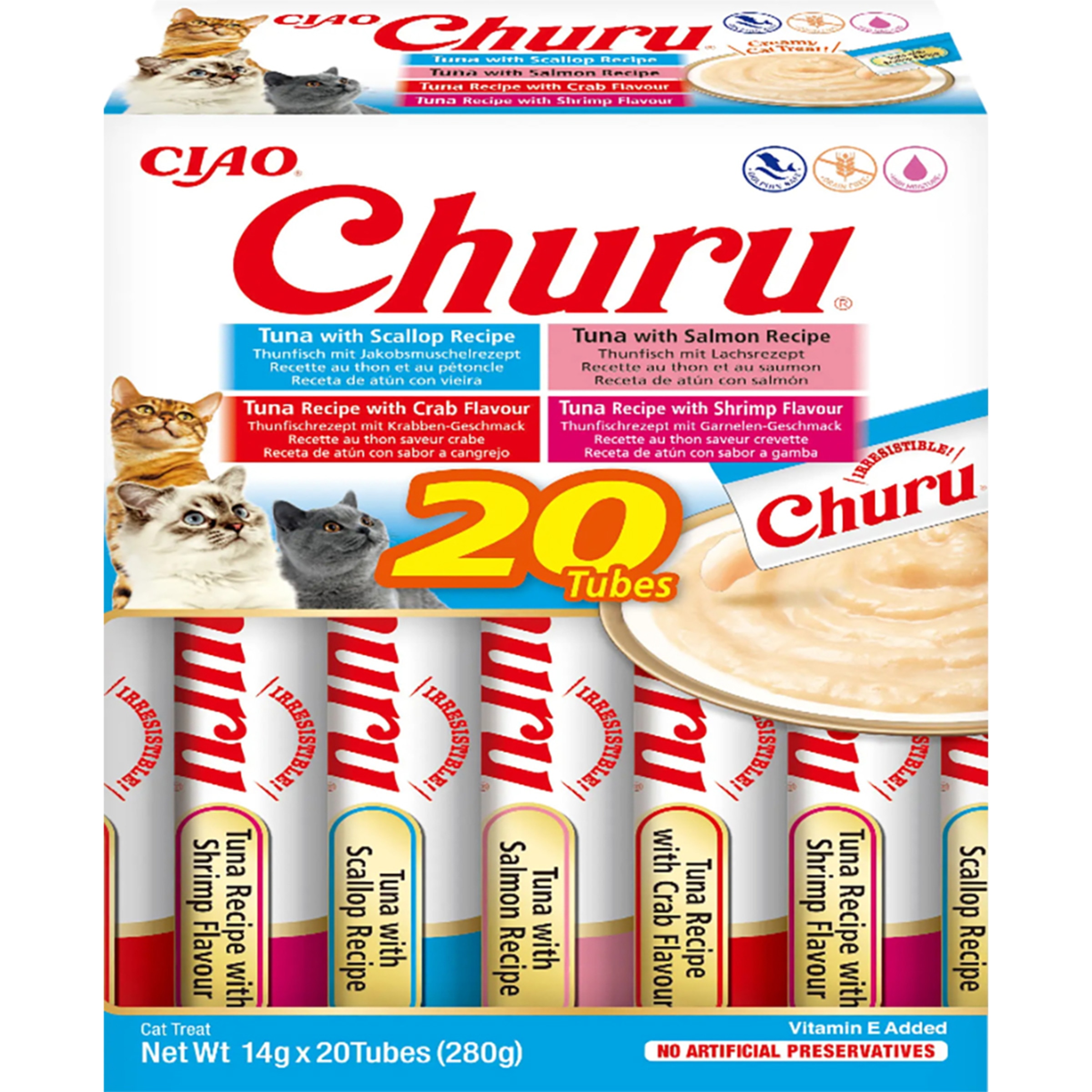 Imagen 0 de Snack para gatos adultos Churu variedades de atún con marisco 20 x 14 g