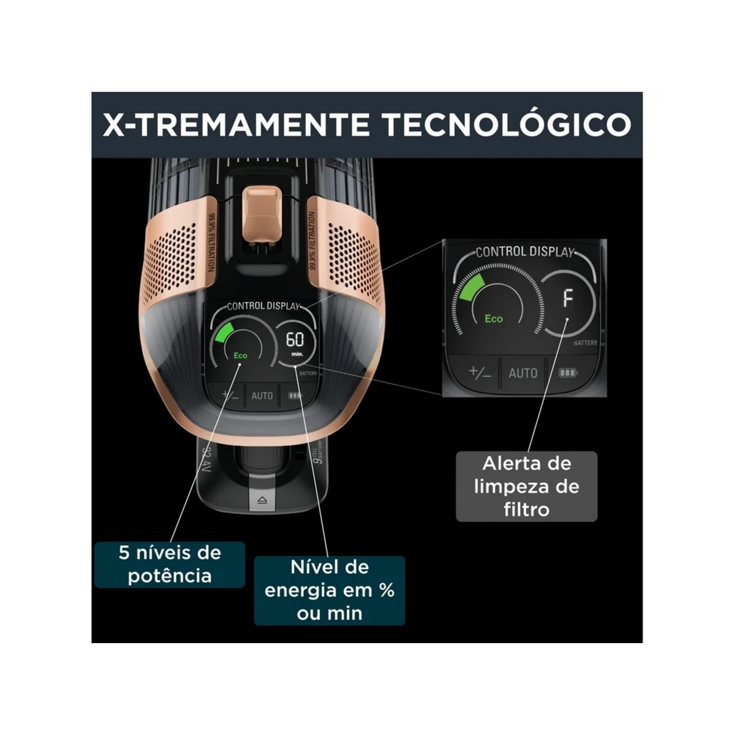Aspirador Vertical Rowenta X-Force Flex 15.60 Animal Care RH99F1WO de 32.4 V, Autonomia 80 min e de 900 ml - Preto e Dourado Preto / Dourado-4