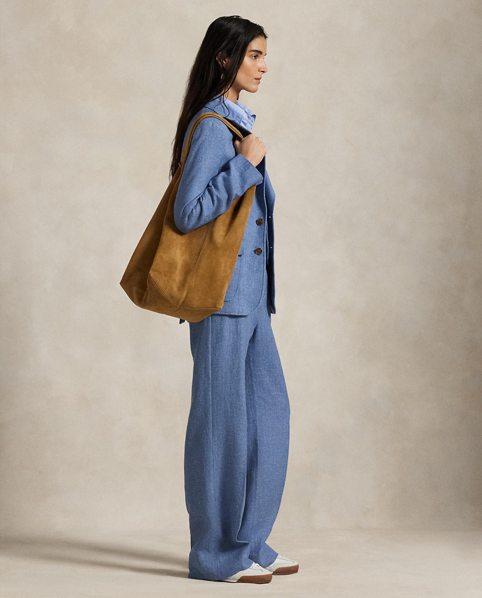 Calças Largas de Linho com Cintura Subida Azul-1