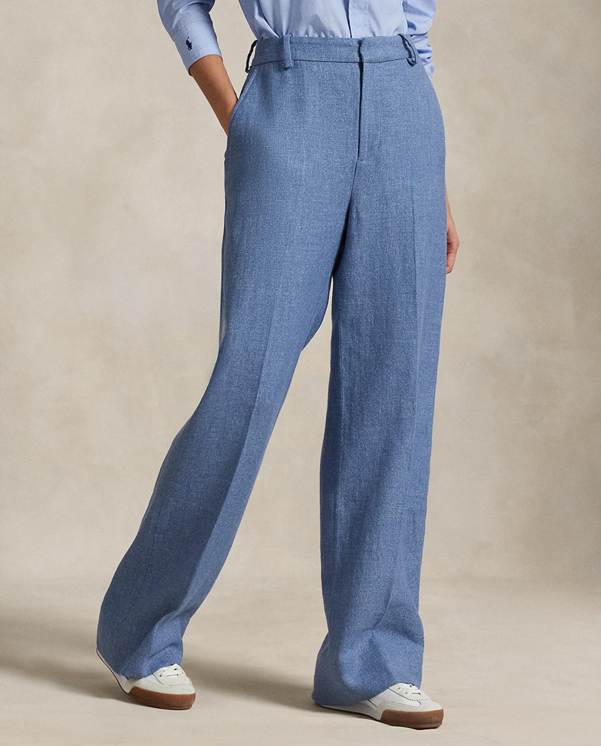 Calças Largas de Linho com Cintura Subida Azul-3