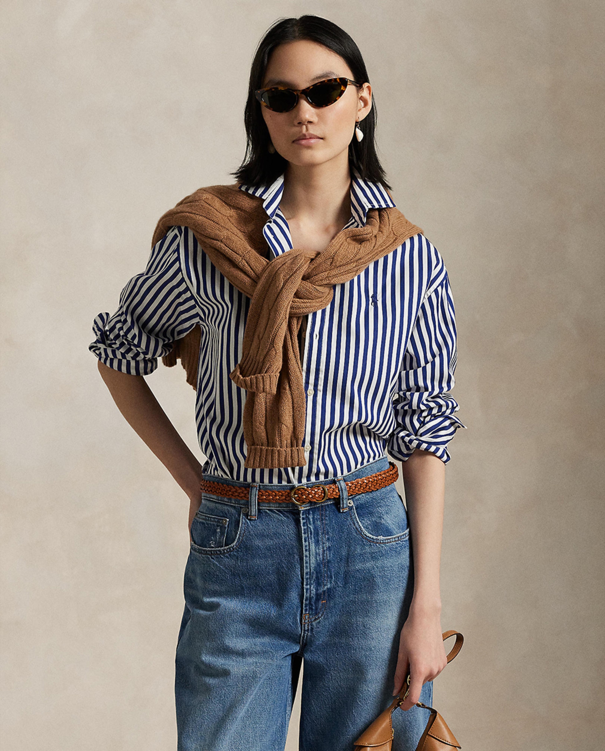 Camisa com Estampado às Riscas e em Algodão Azul-marinho-1