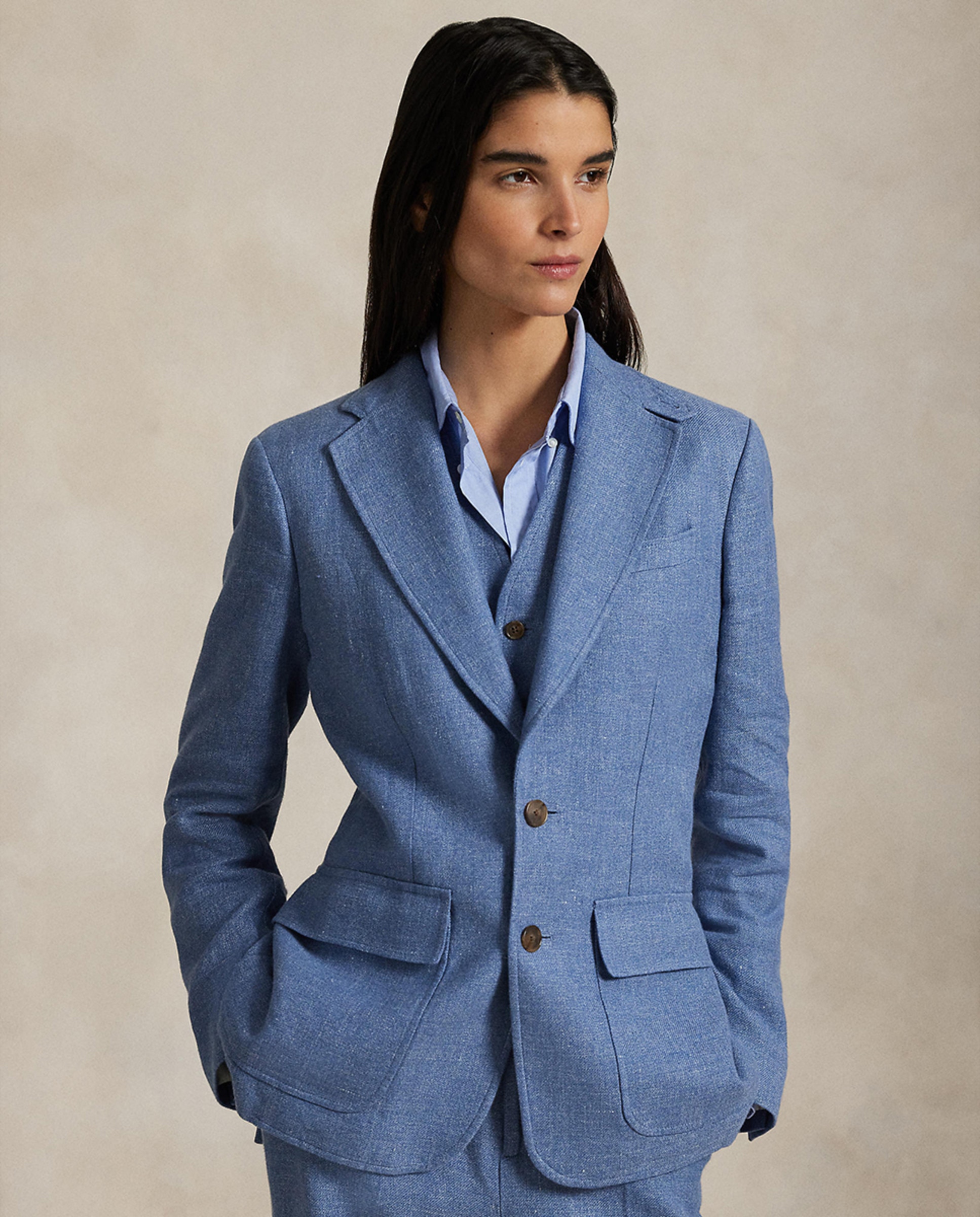 Blazer de Linho com Silhueta Ajustada Azul-1