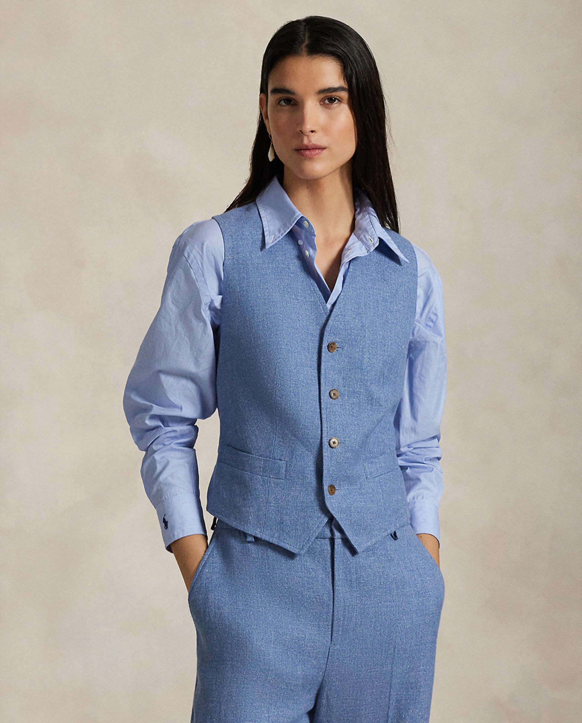 Colete Formal de Linho com Fivela Ajustável Azul-1