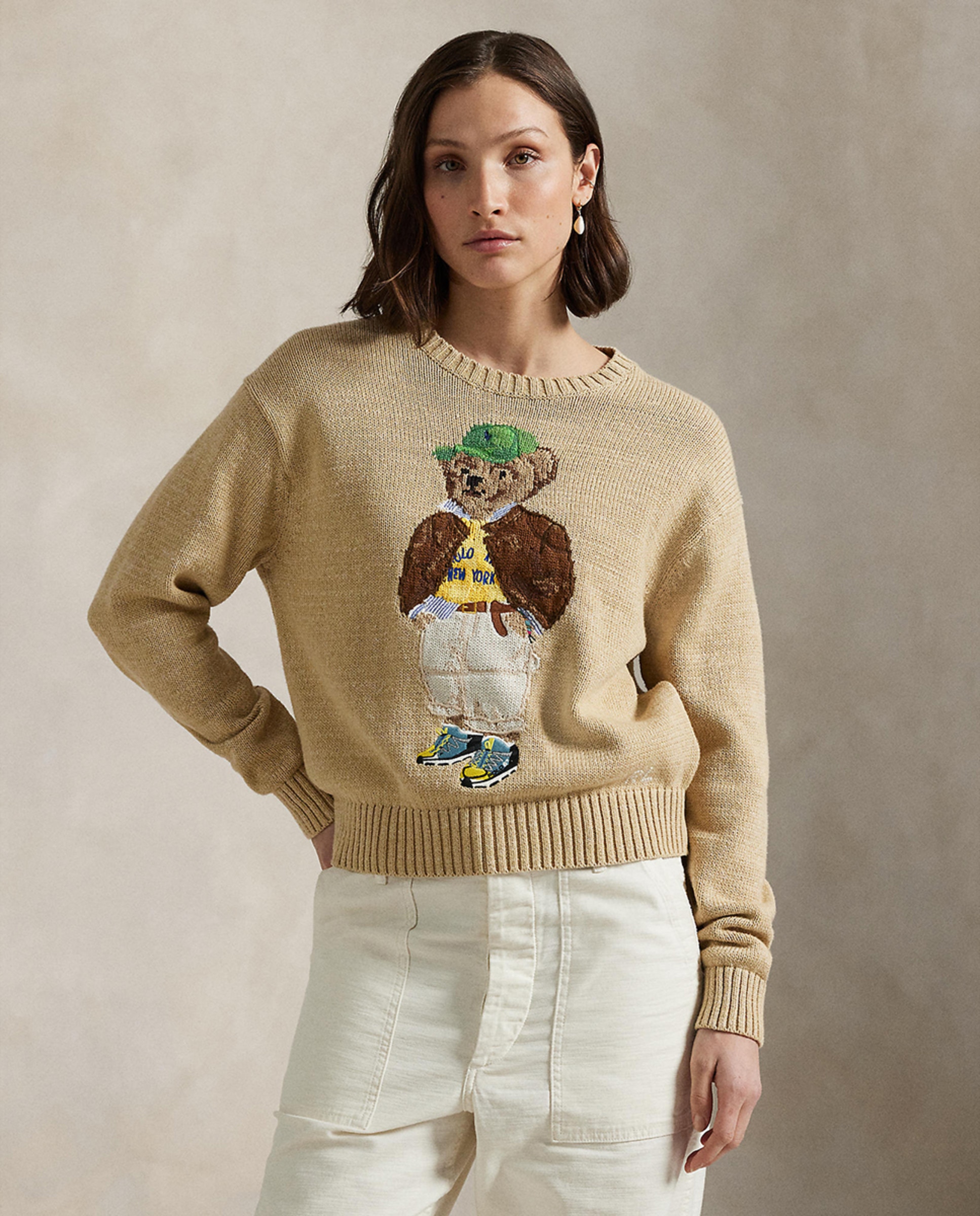 Camisola de malha de algodão com Polo Bear Bege-1