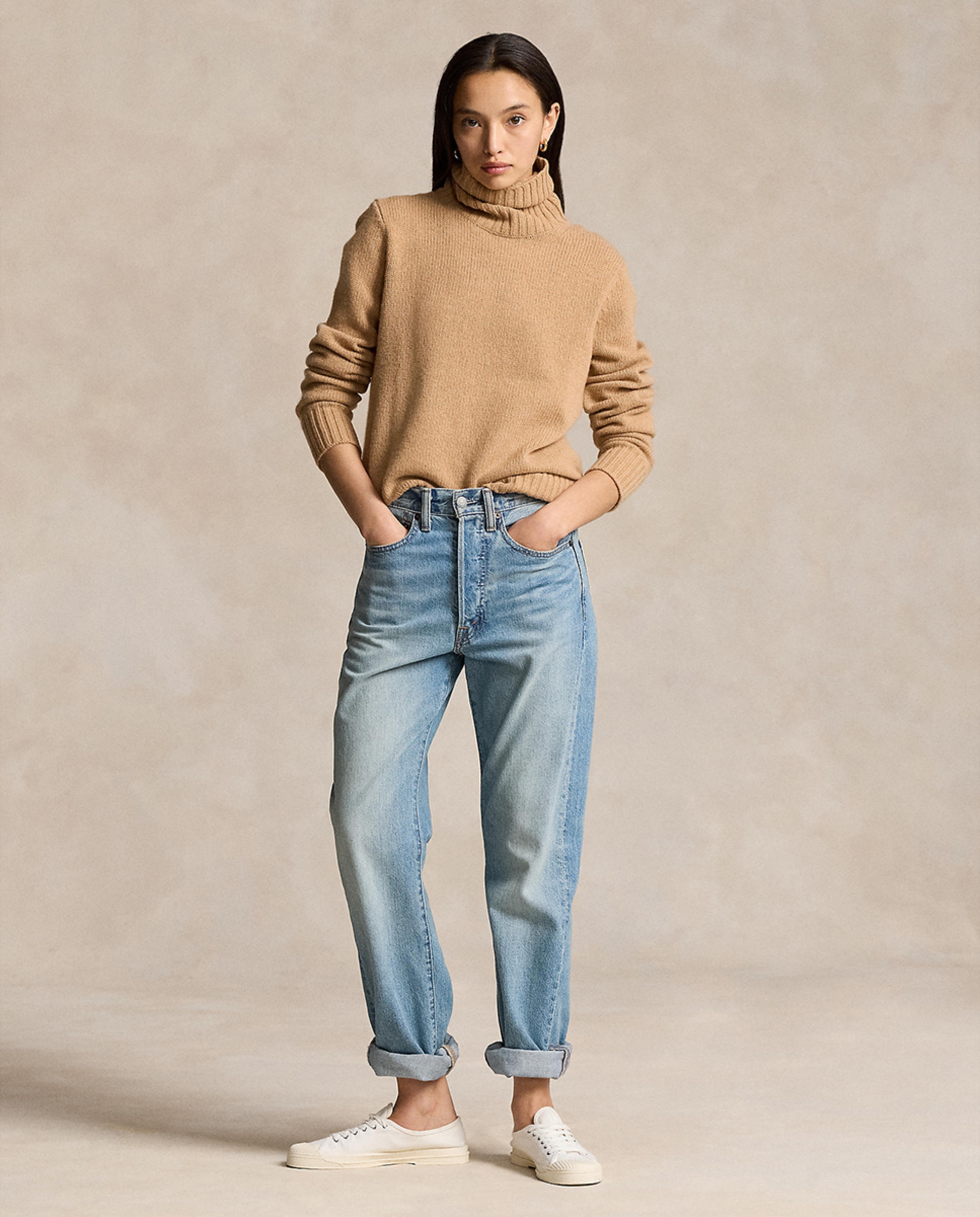 Camisola de Malha de Lã com Gola Dobrada Camel-6