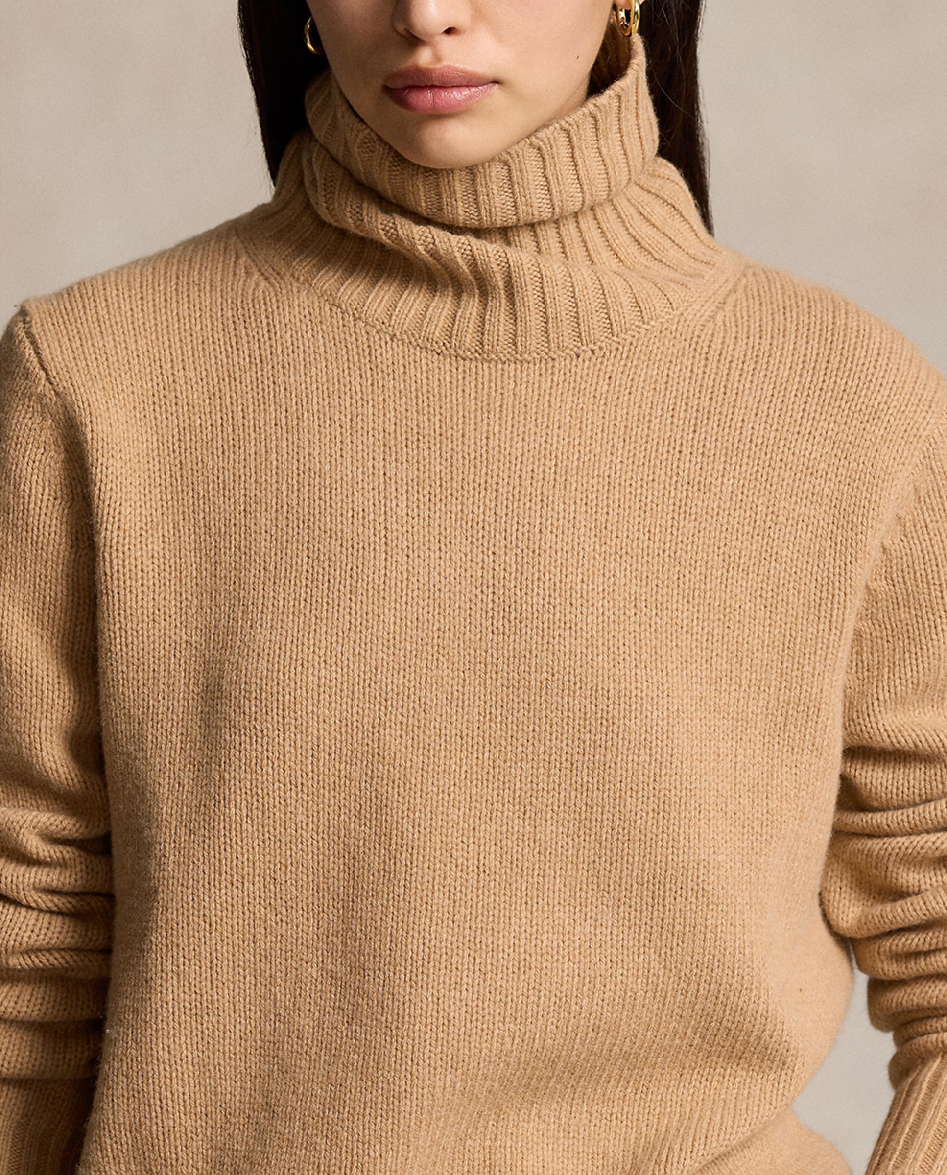 Camisola de Malha de Lã com Gola Dobrada Camel-4