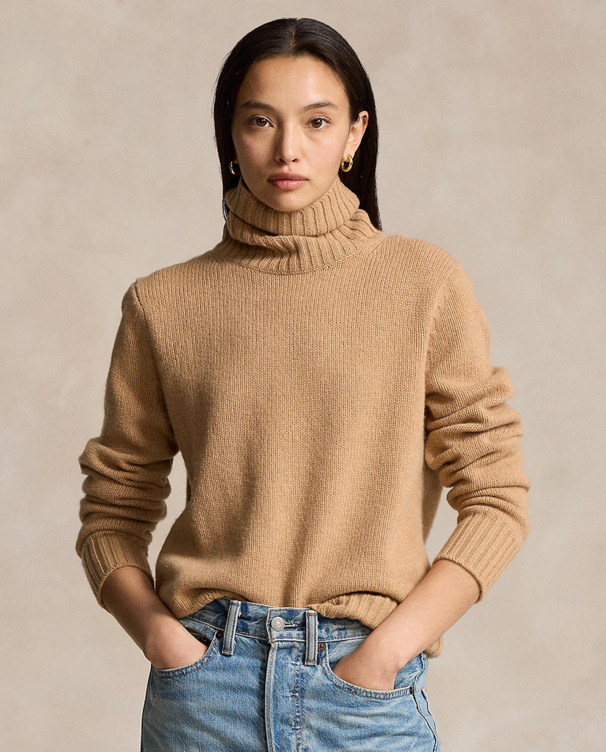 Camisola de Malha de Lã com Gola Dobrada Camel-1