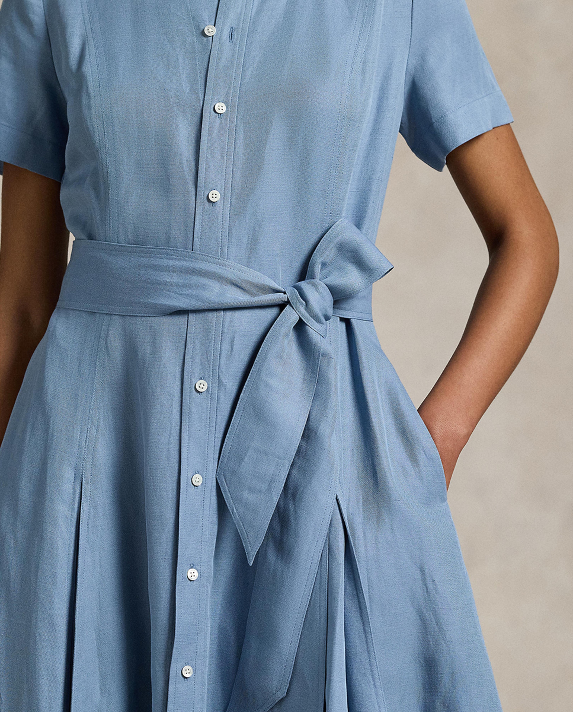 Vestido Camiseiro com Gola à Padre e Cinto Azul-claro-4