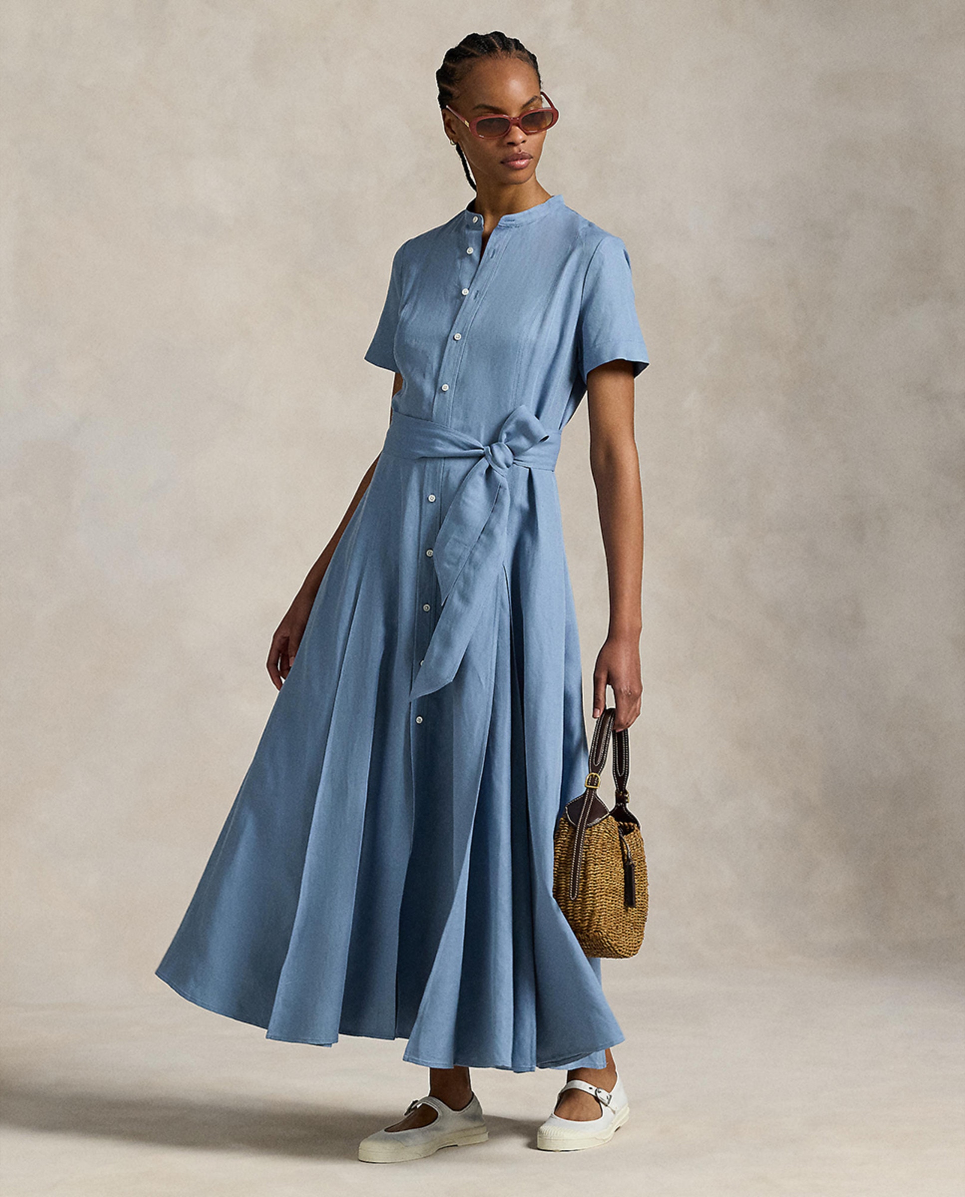 Vestido Camiseiro com Gola à Padre e Cinto Azul-claro-1