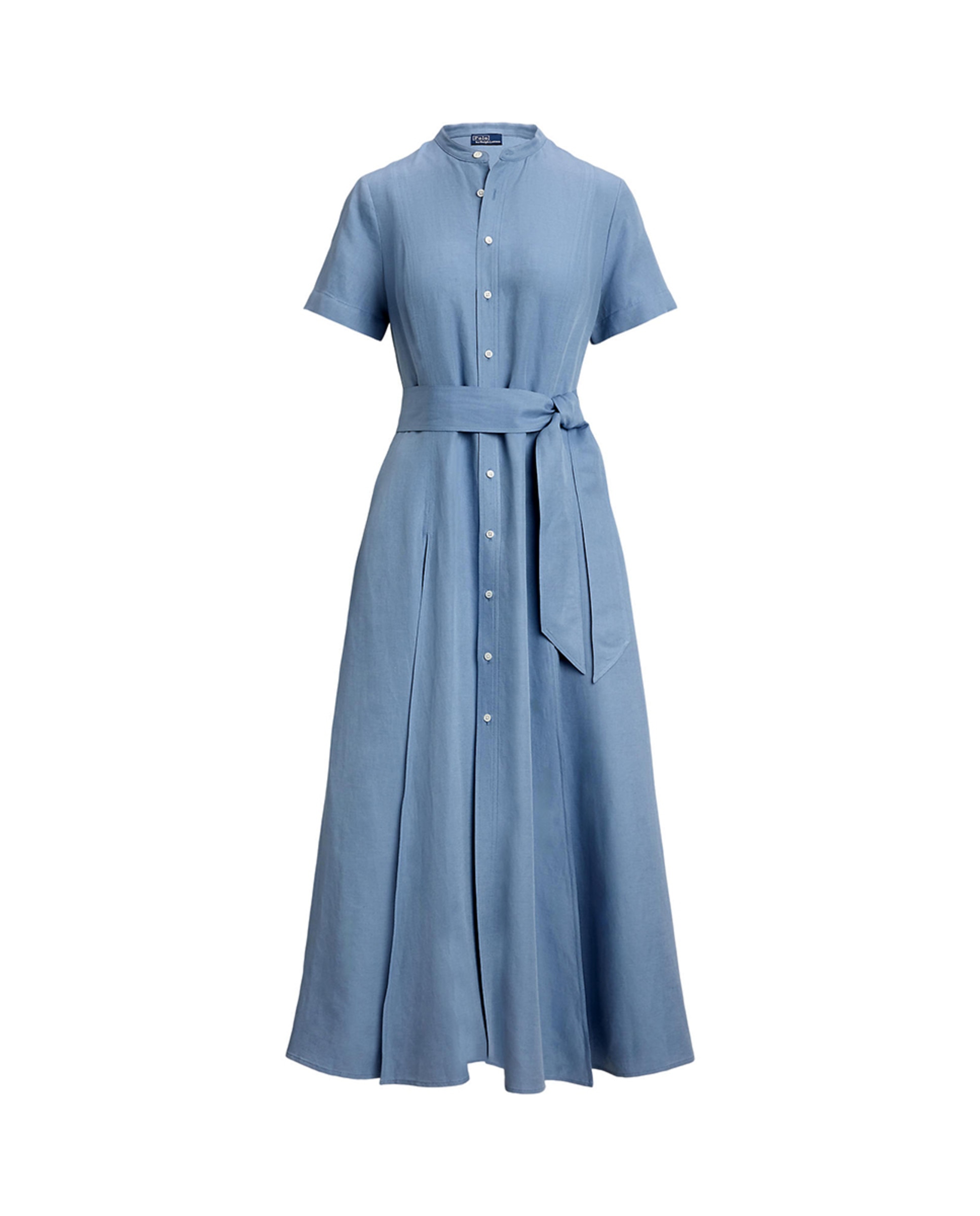 Vestido Camiseiro com Gola à Padre e Cinto Azul-claro-5