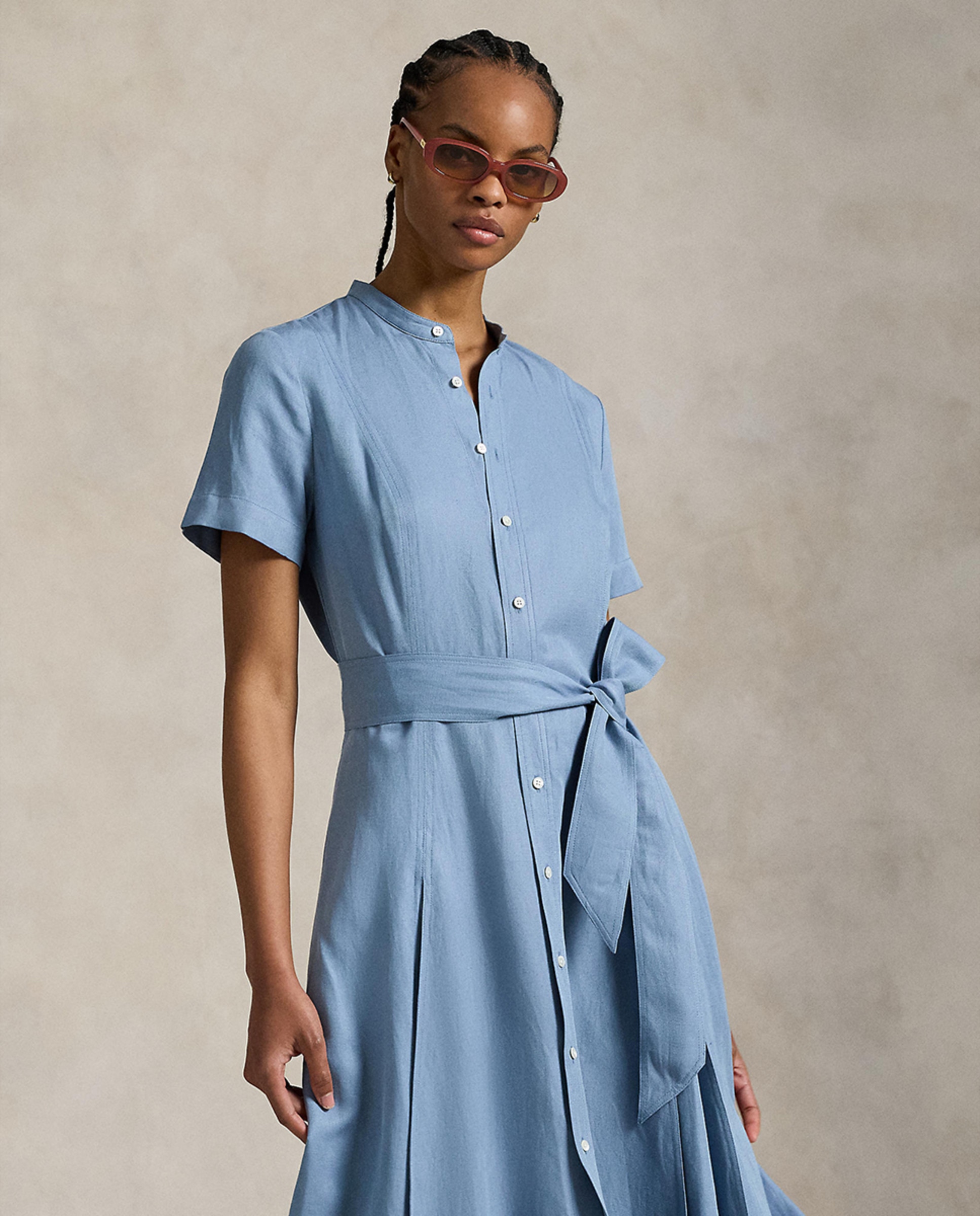 Vestido Camiseiro com Gola à Padre e Cinto Azul-claro-6