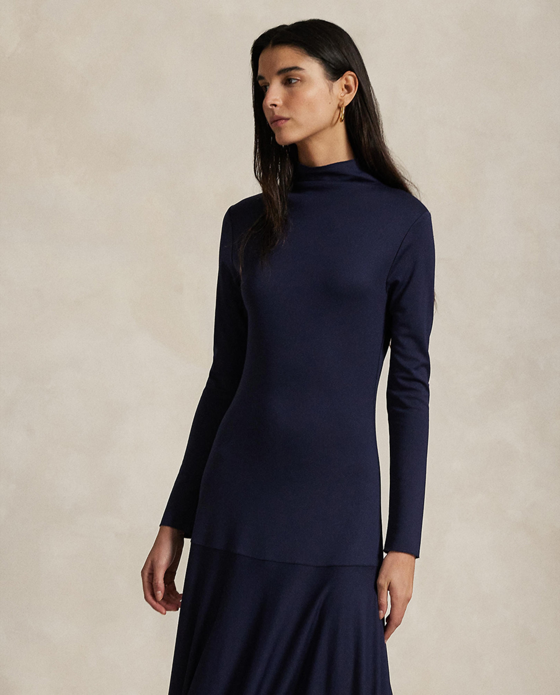 Vestido com Gola Alta e Saia Evasê Azul-marinho-7