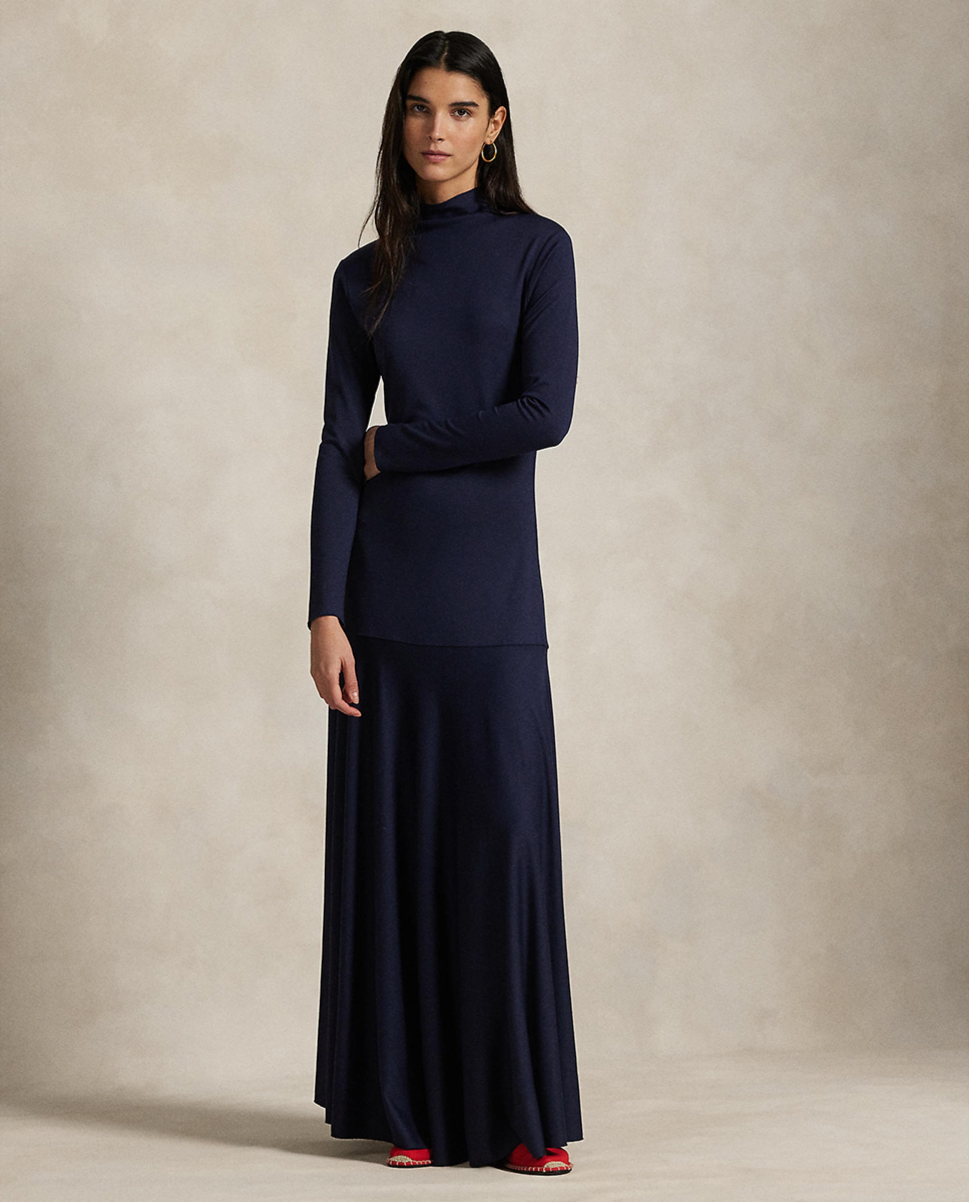 Vestido com Gola Alta e Saia Evasê Azul-marinho-1