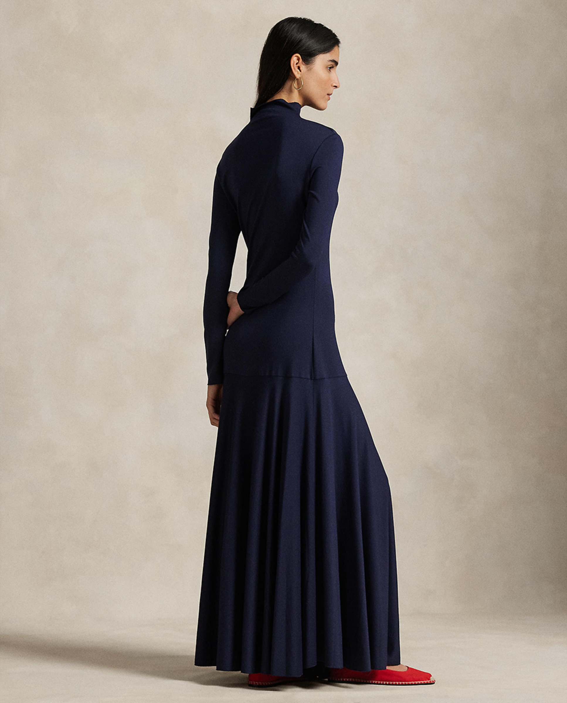 Vestido com Gola Alta e Saia Evasê Azul-marinho-3