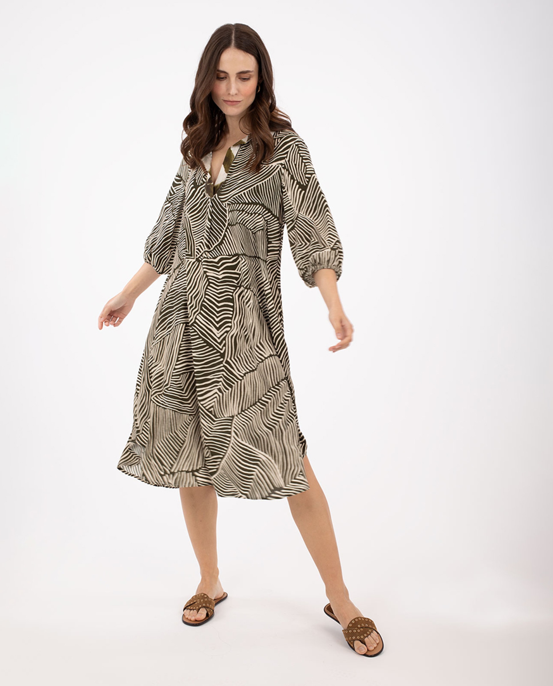 Vestido Estampado Vaporoso Caqui-1