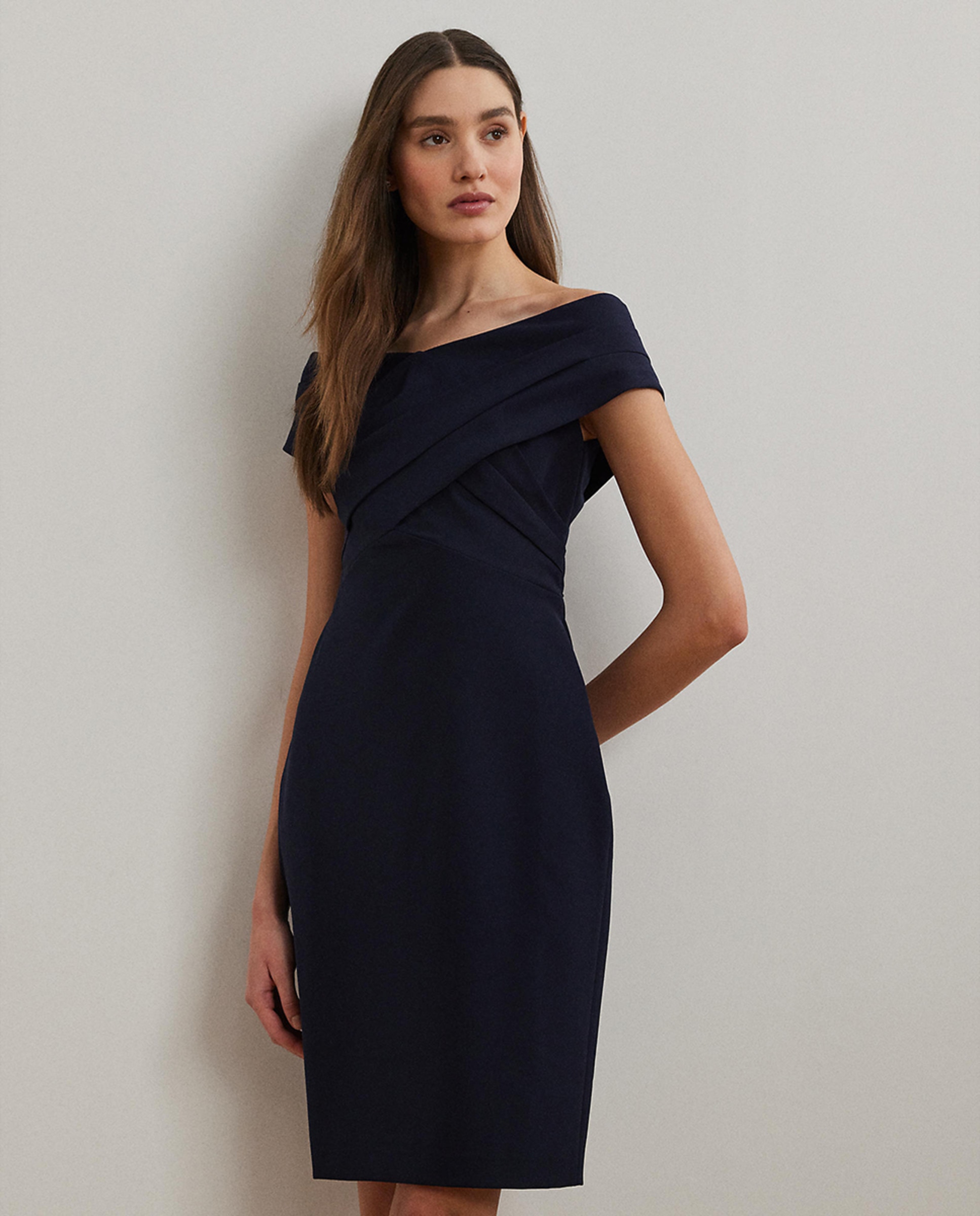 Vestido de Cocktail de Crepe Cruzado Azul-marinho-6