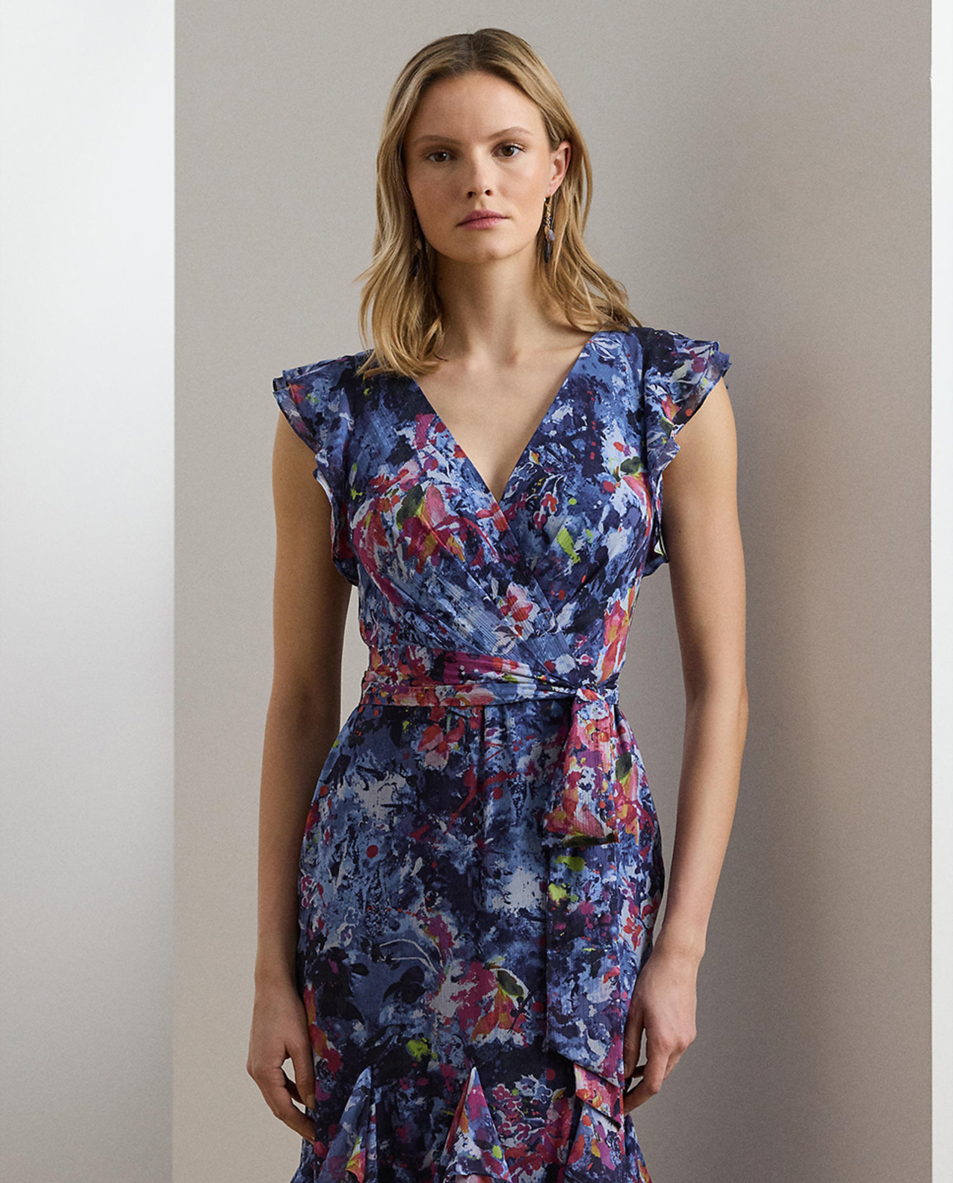 Vestido comprido com folhos Azul-6