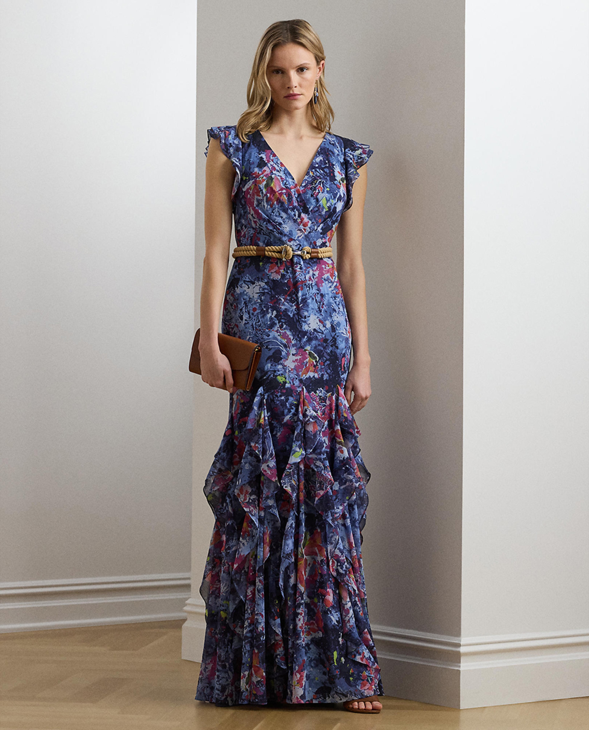 Vestido comprido com folhos Azul-1