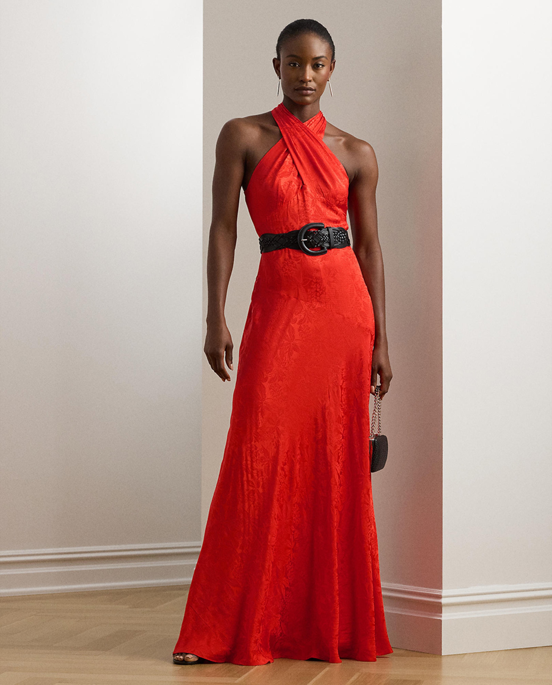 Vestido comprido com gola halter Coral-1