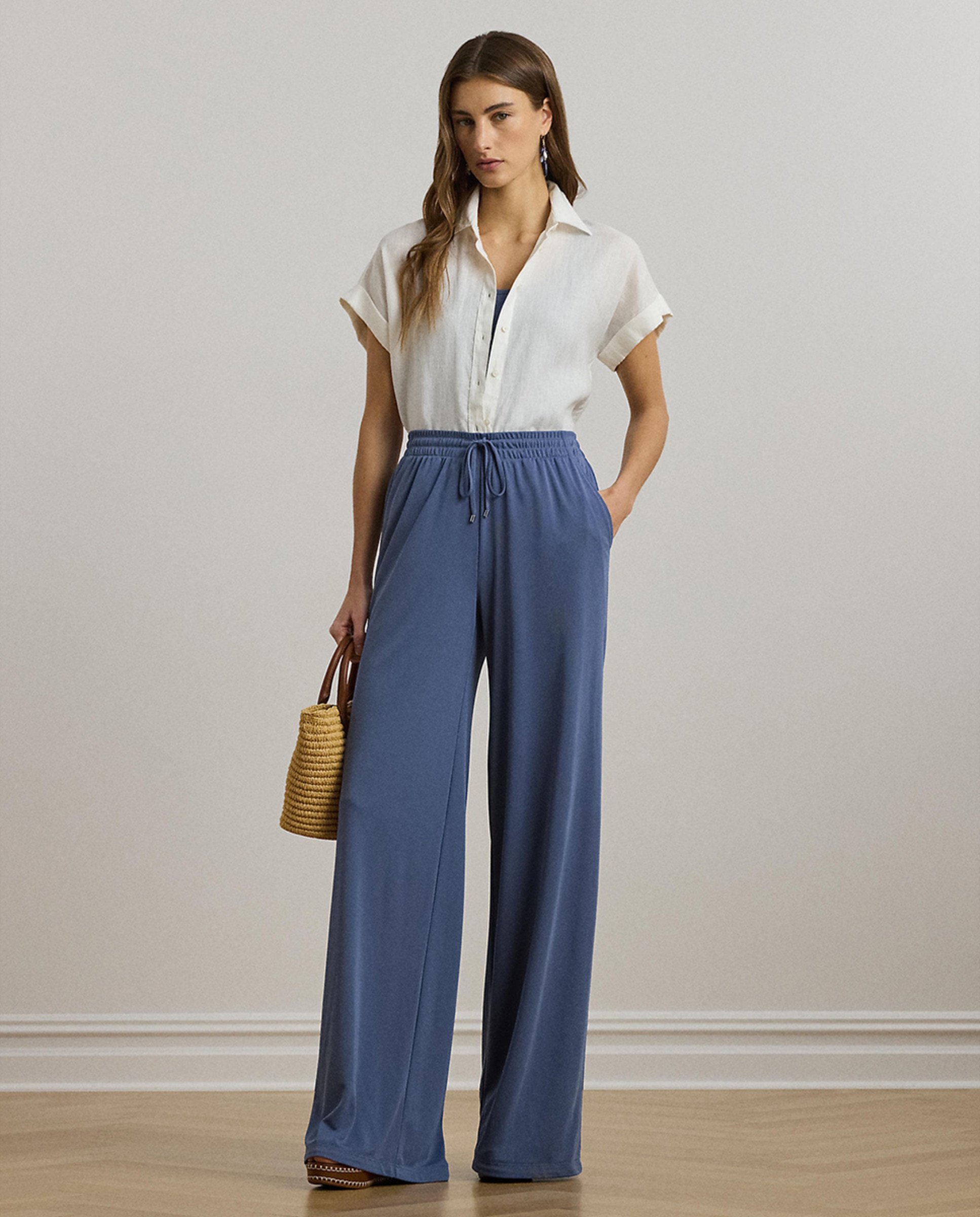 Calças palazzo com cintura elástica Azul-1