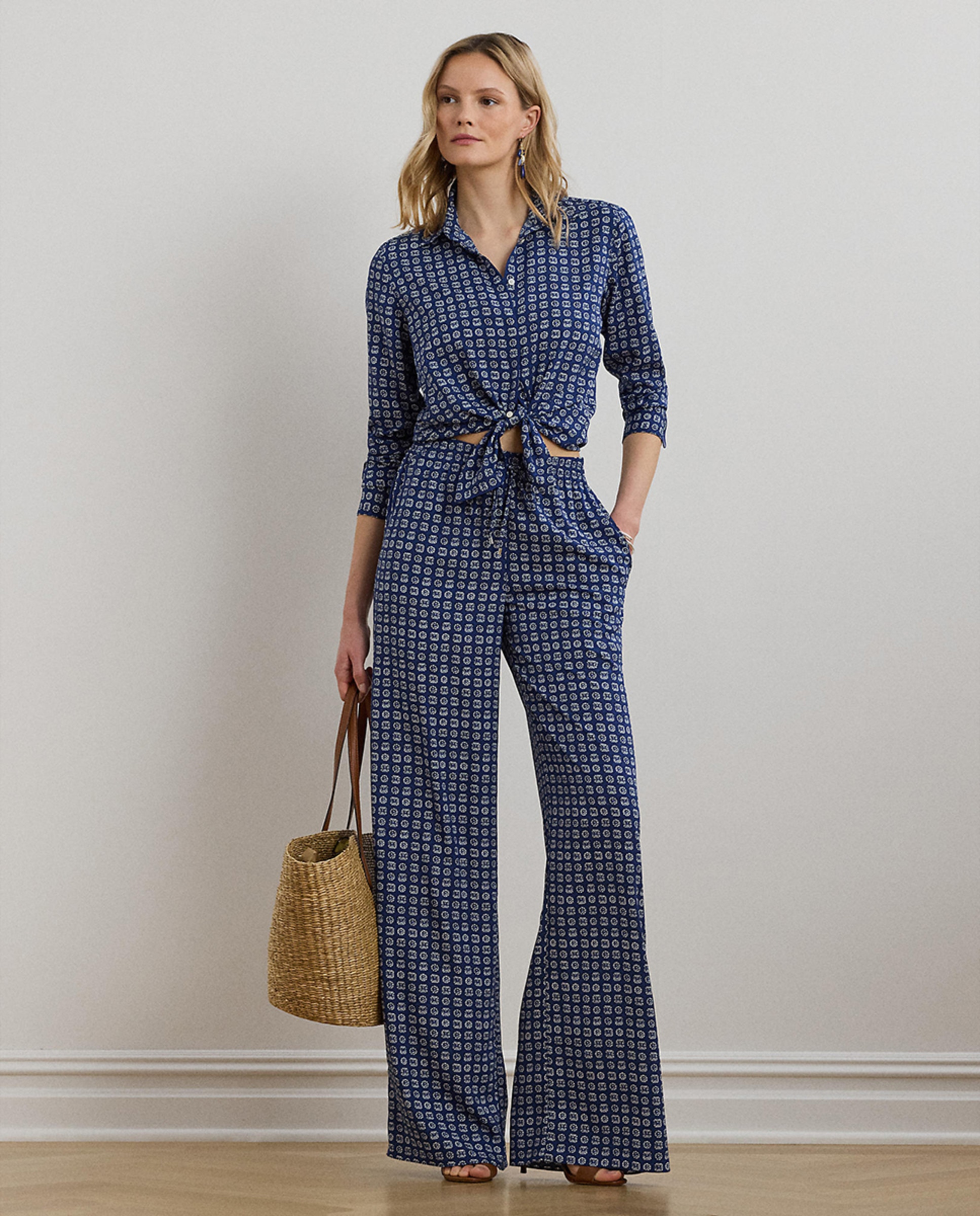 Camisa estampada de mulher com manga comprida Azul-6