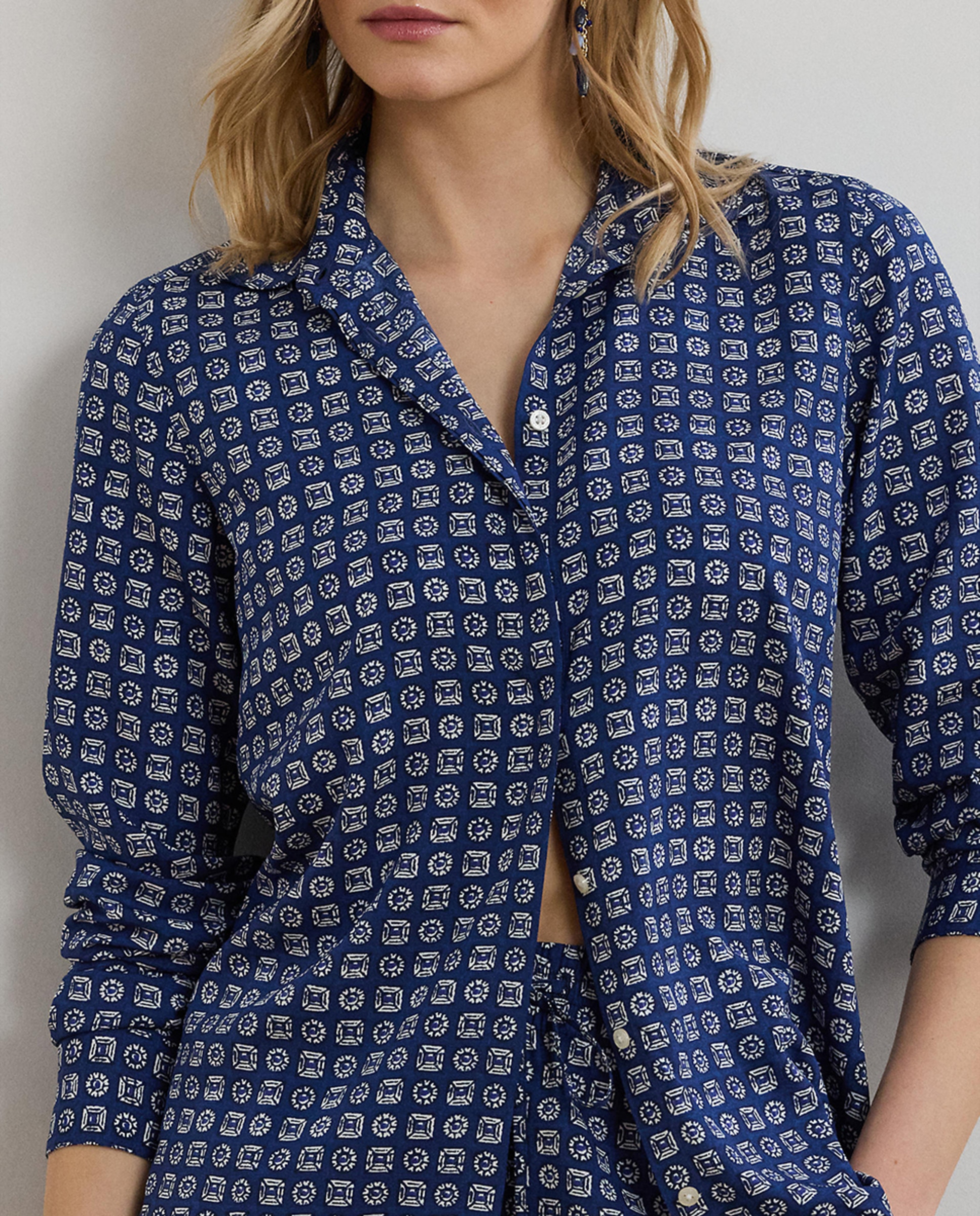 Camisa estampada de mulher com manga comprida Azul-4