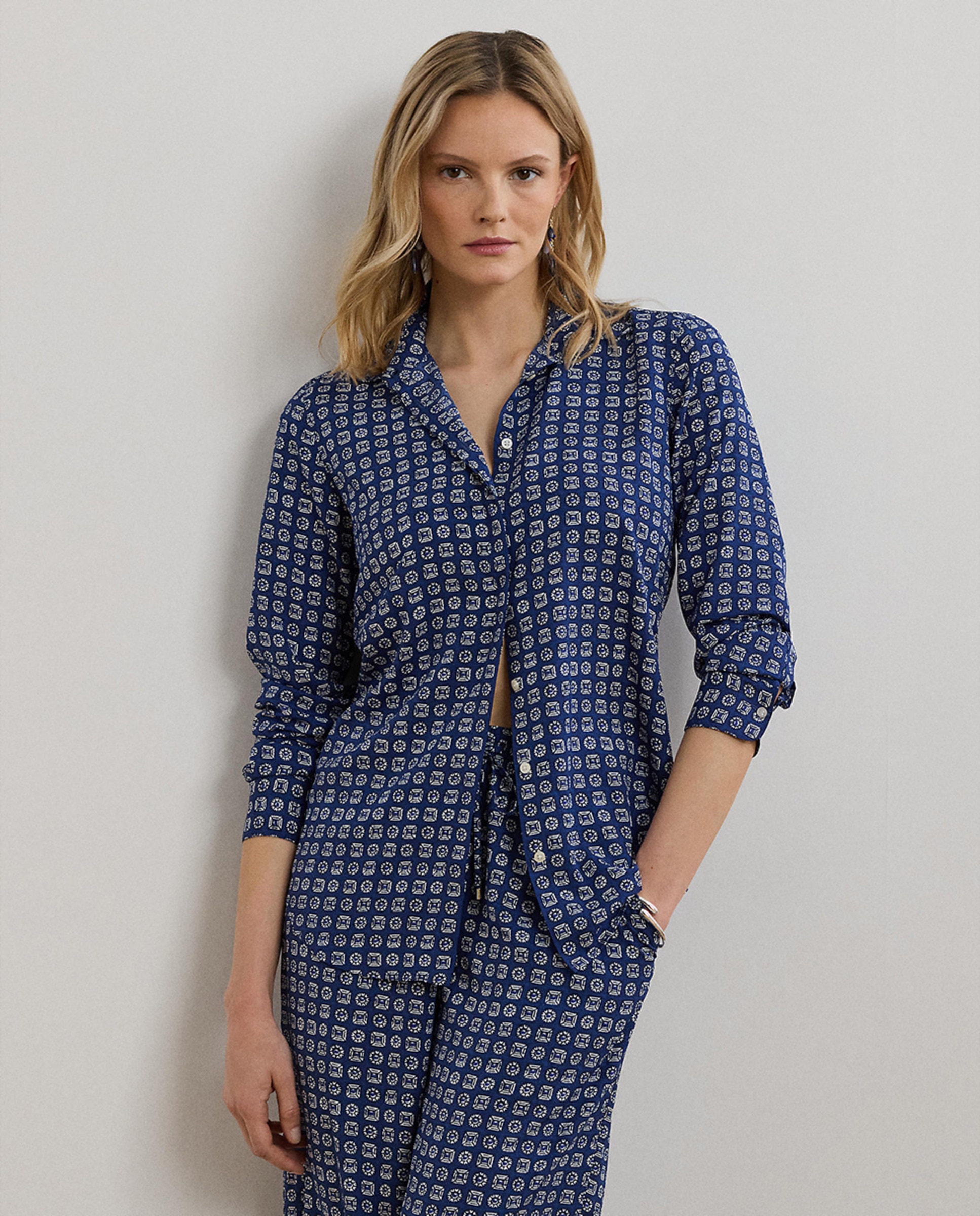 Camisa estampada de mulher com manga comprida Azul-1