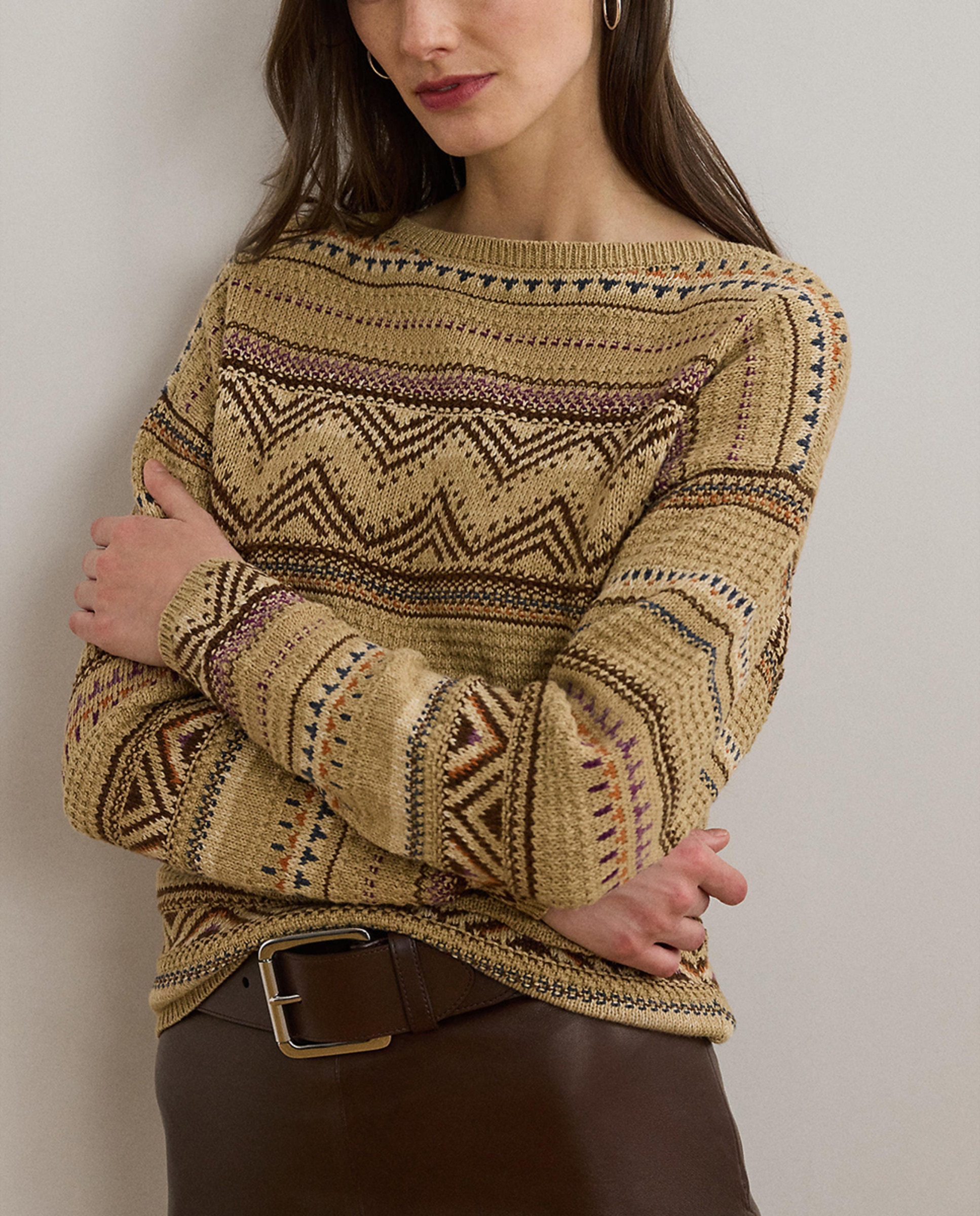 Camisola de Malha Estampada com Manga Comprida Bege-4