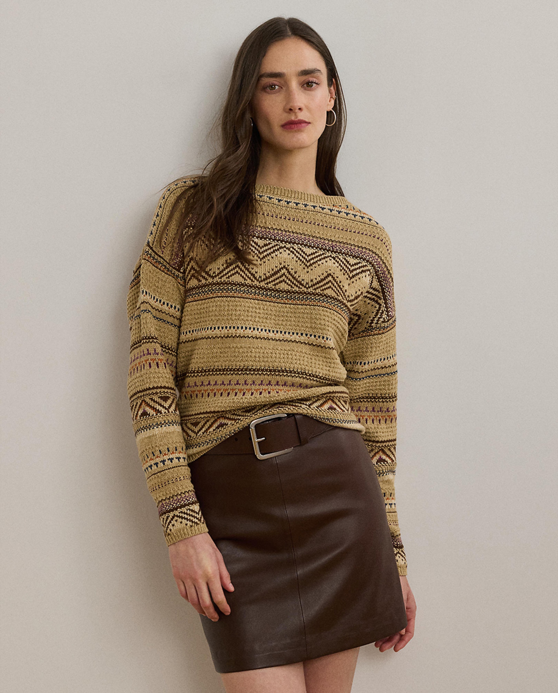 Camisola de Malha Estampada com Manga Comprida Bege-1