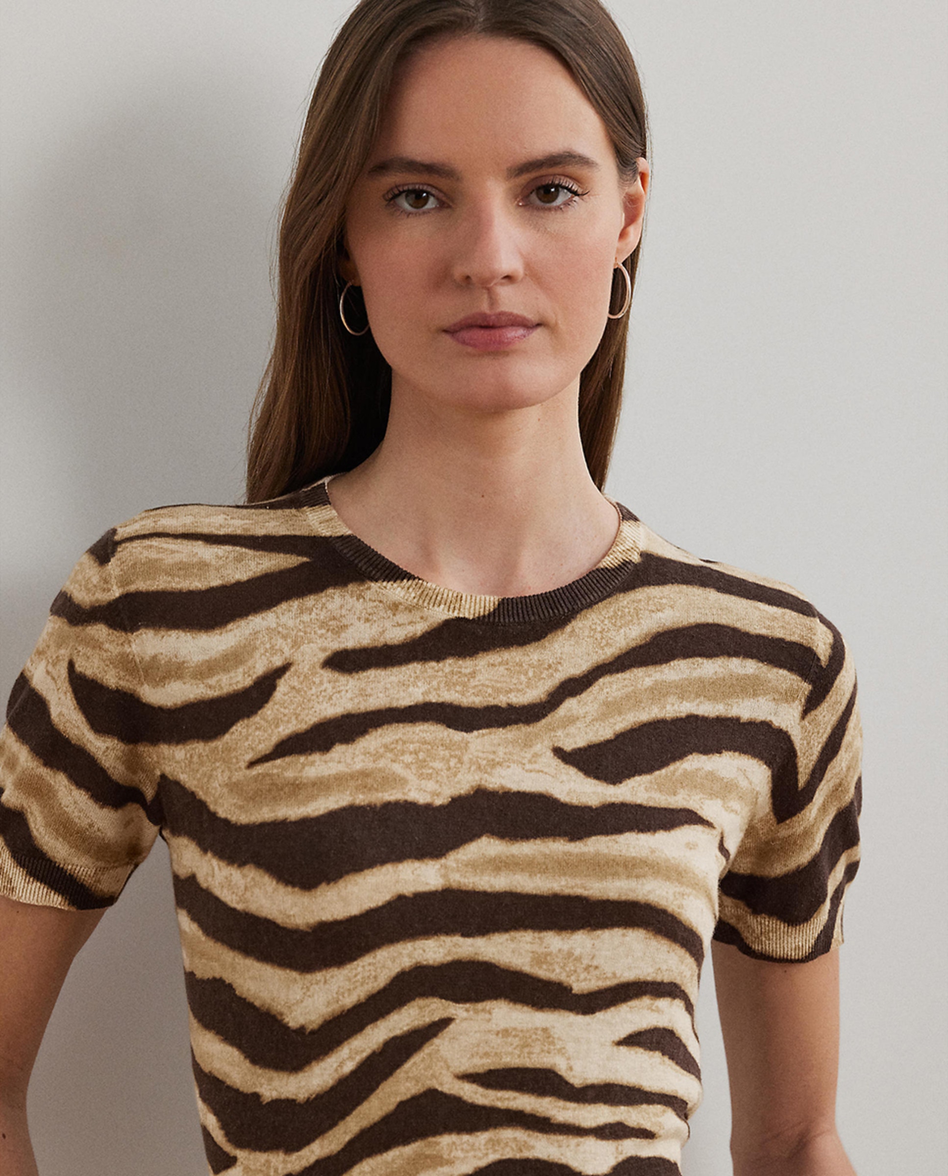 Camisola de malha estampada com manga curta Creme-4