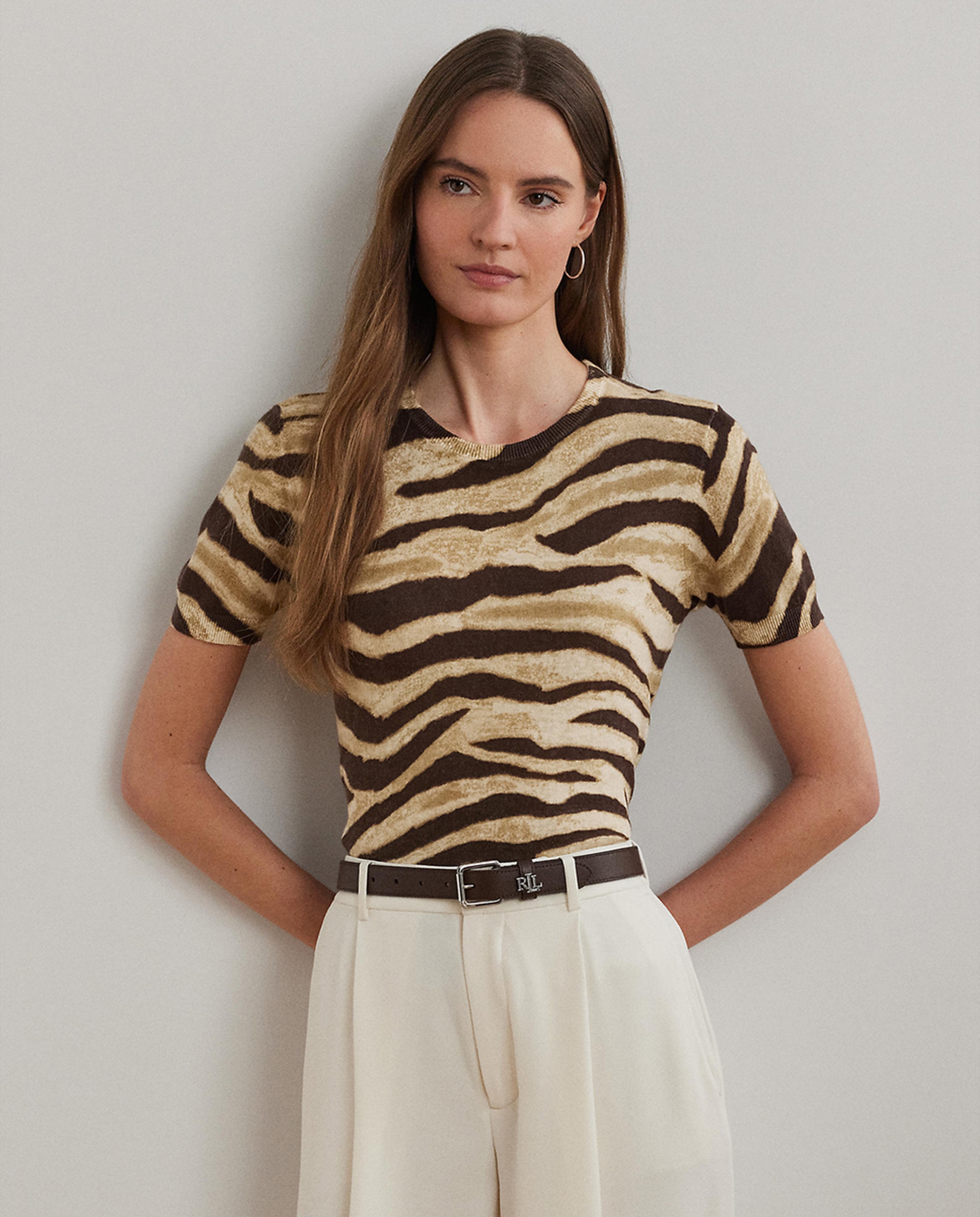 Camisola de malha estampada com manga curta Creme-1