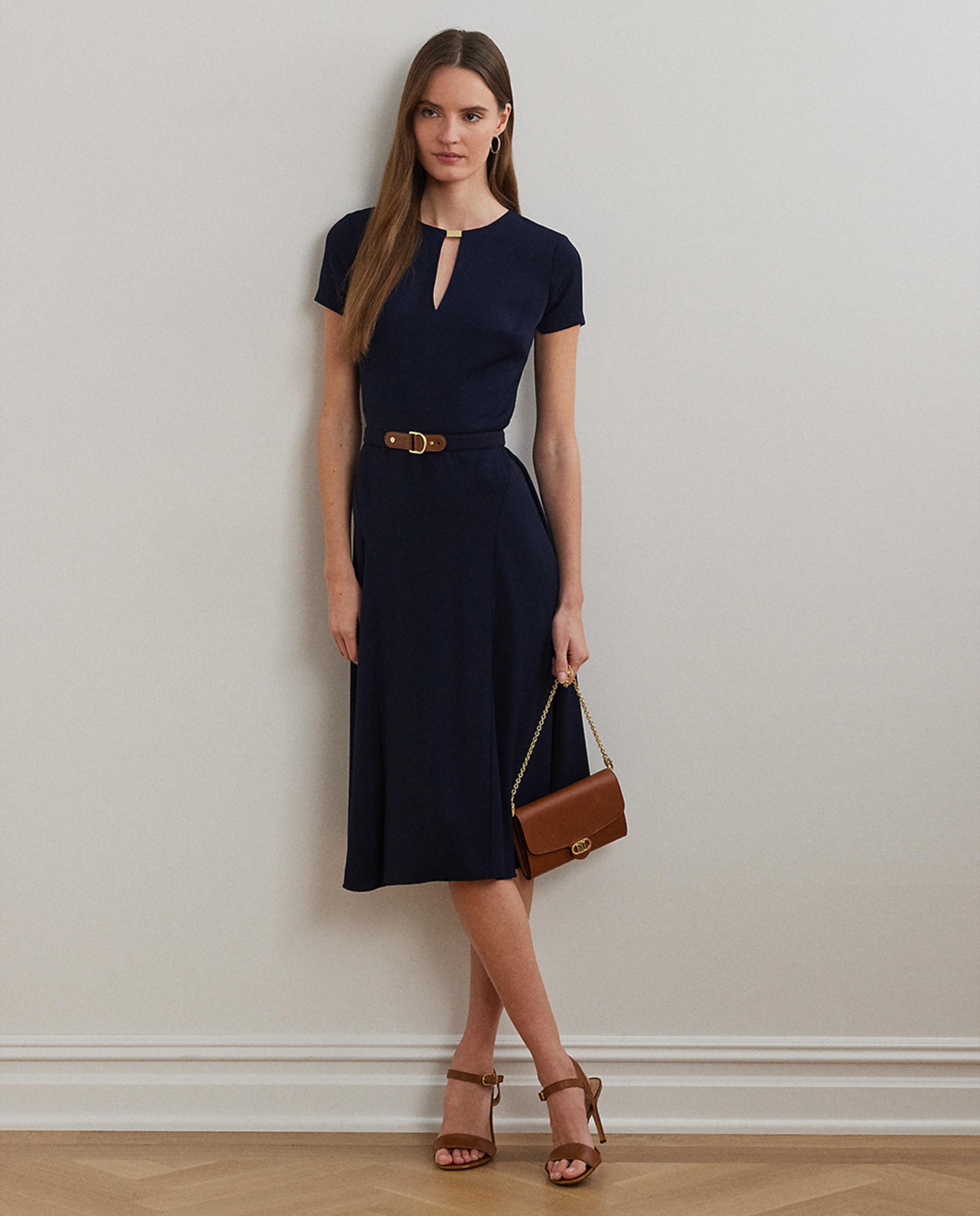 Vestido de georgette com cinto Azul-marinho-1