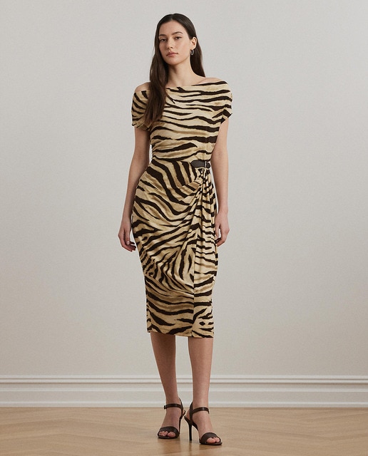 Imagem 0 de Vestido Midi Estampado com Gola Assimétrica