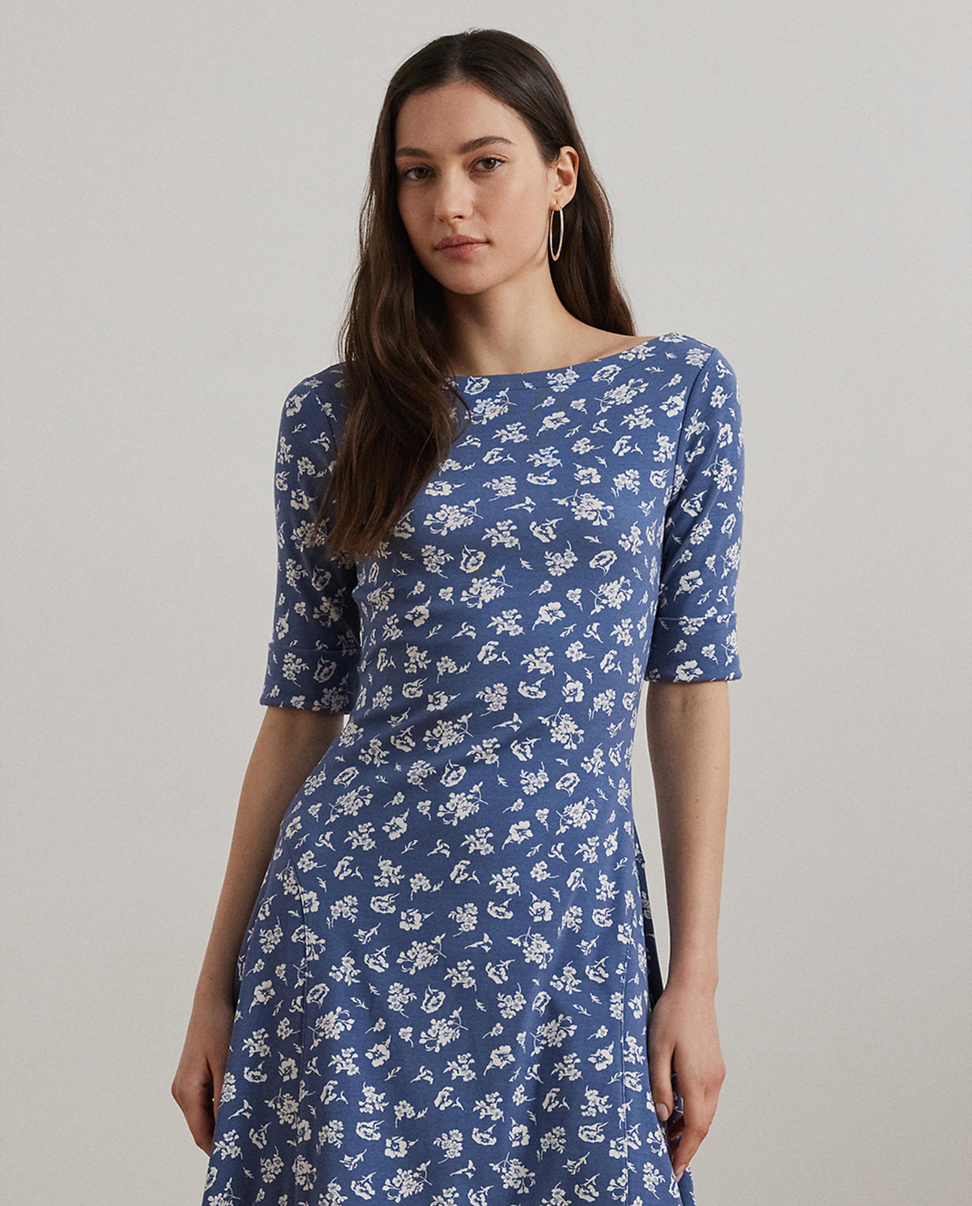 Vestido midi de algodão elástico Azul-6