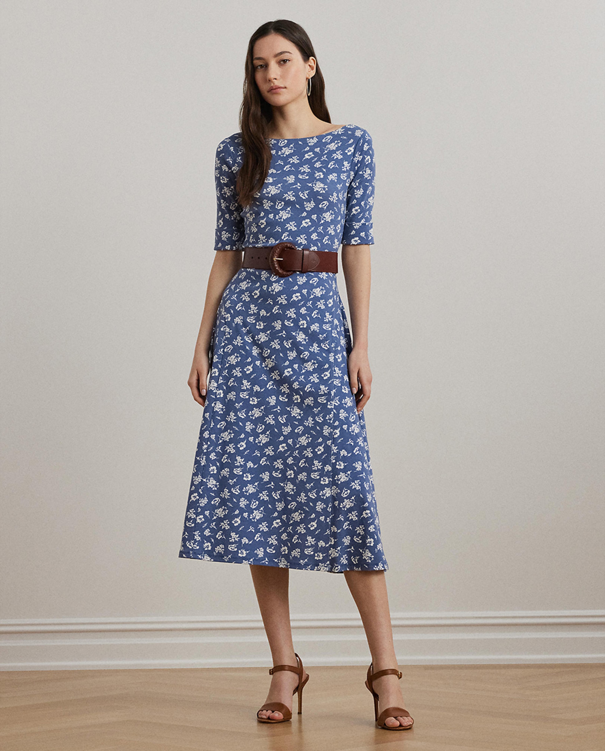 Vestido midi de algodão elástico Azul-1