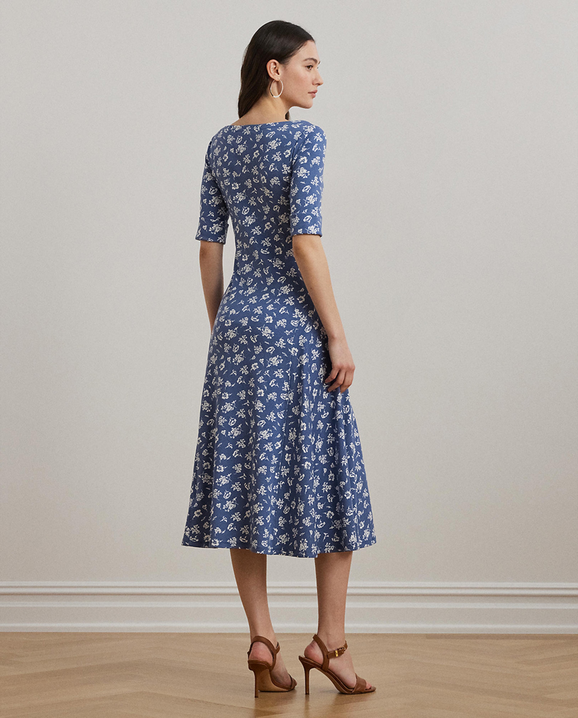 Vestido midi de algodão elástico Azul-3