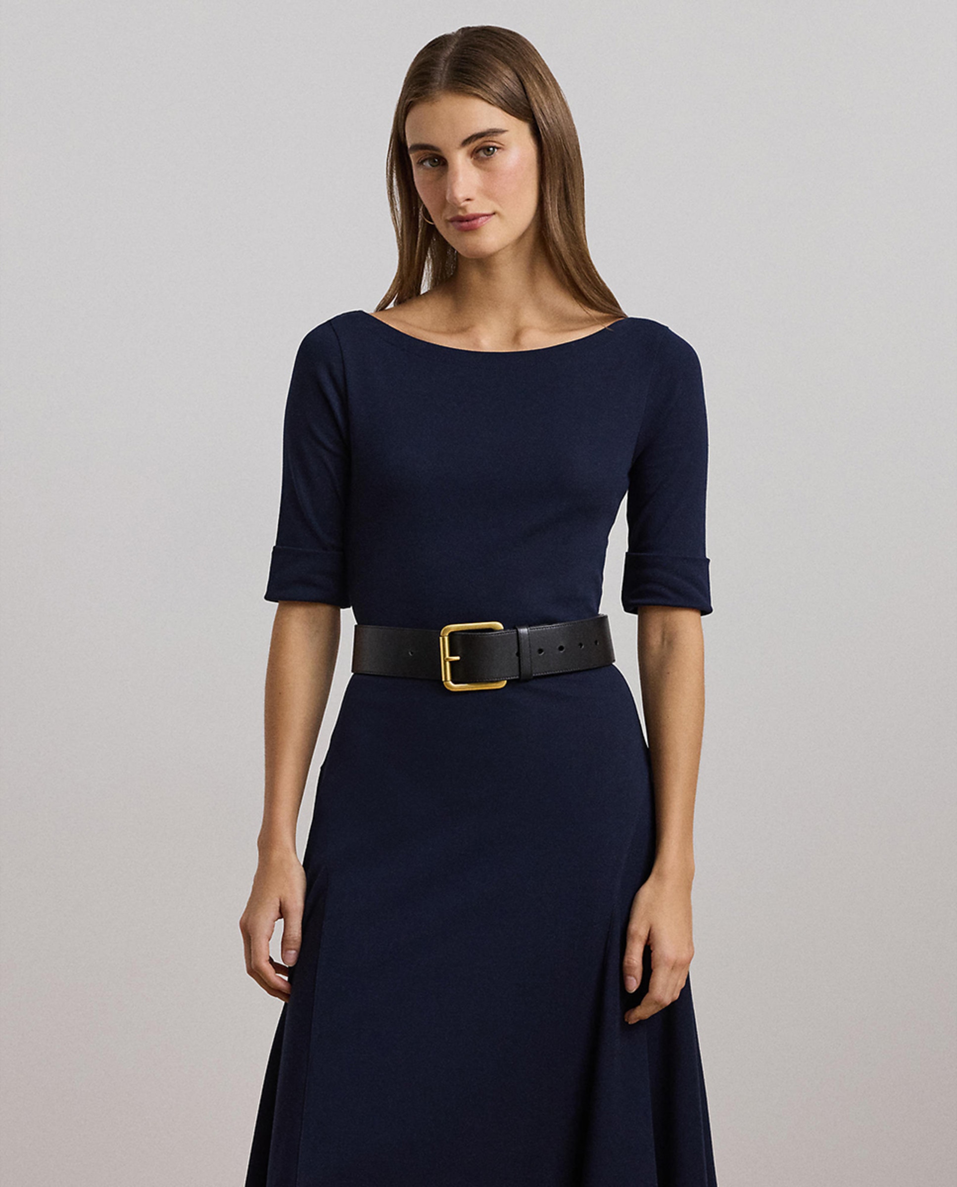 Vestido midi de algodão elástico Azul-marinho-6