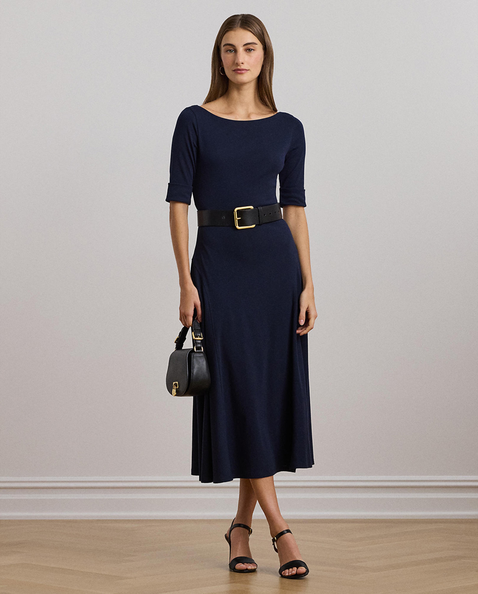 Vestido midi de algodão elástico Azul-marinho-1