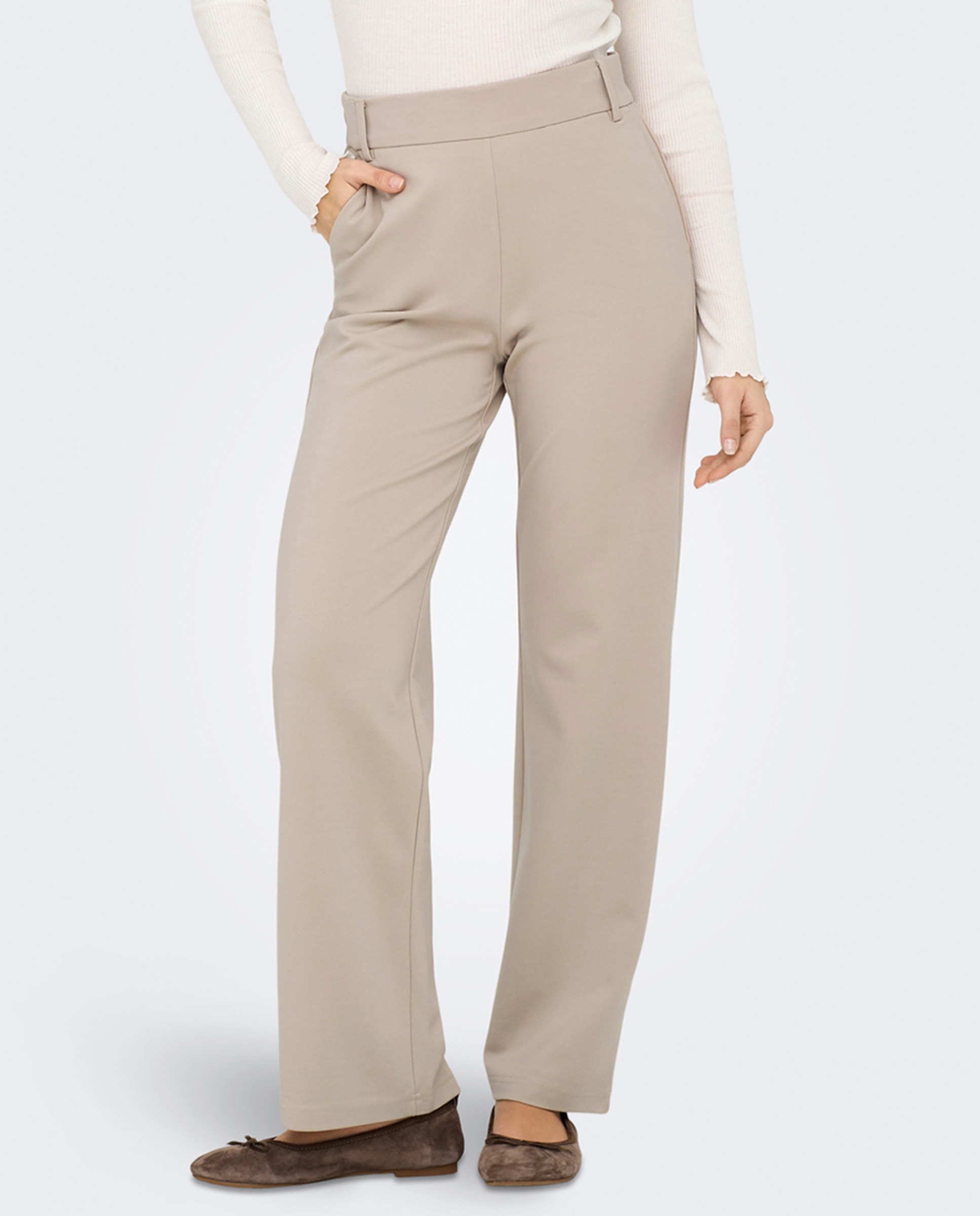 Cintura Alta Pantalon Vestir Beige Mujer Pantalones Elásticos