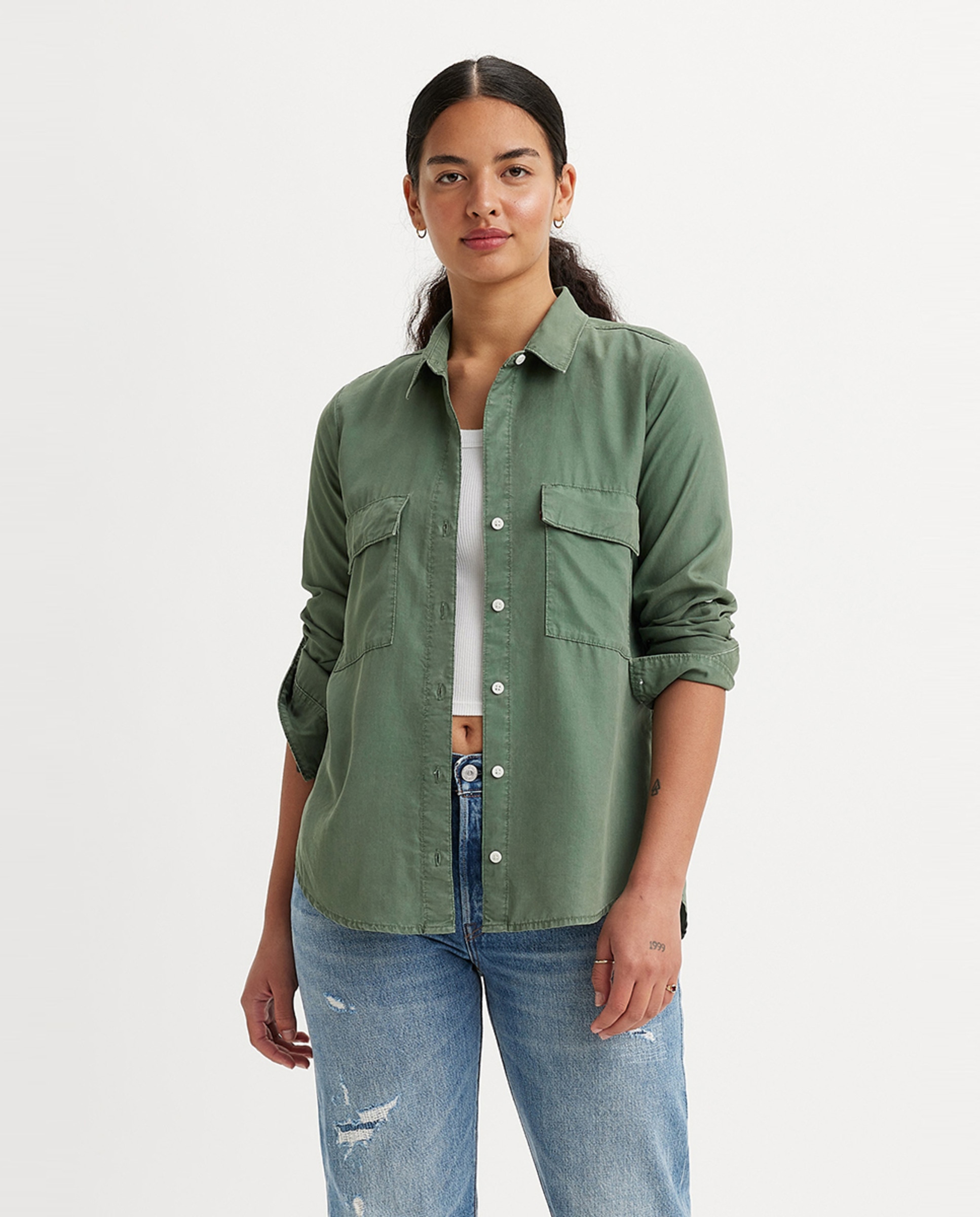 Camisa de Manga Comprida 100% Lyocell Verde-escuro-1