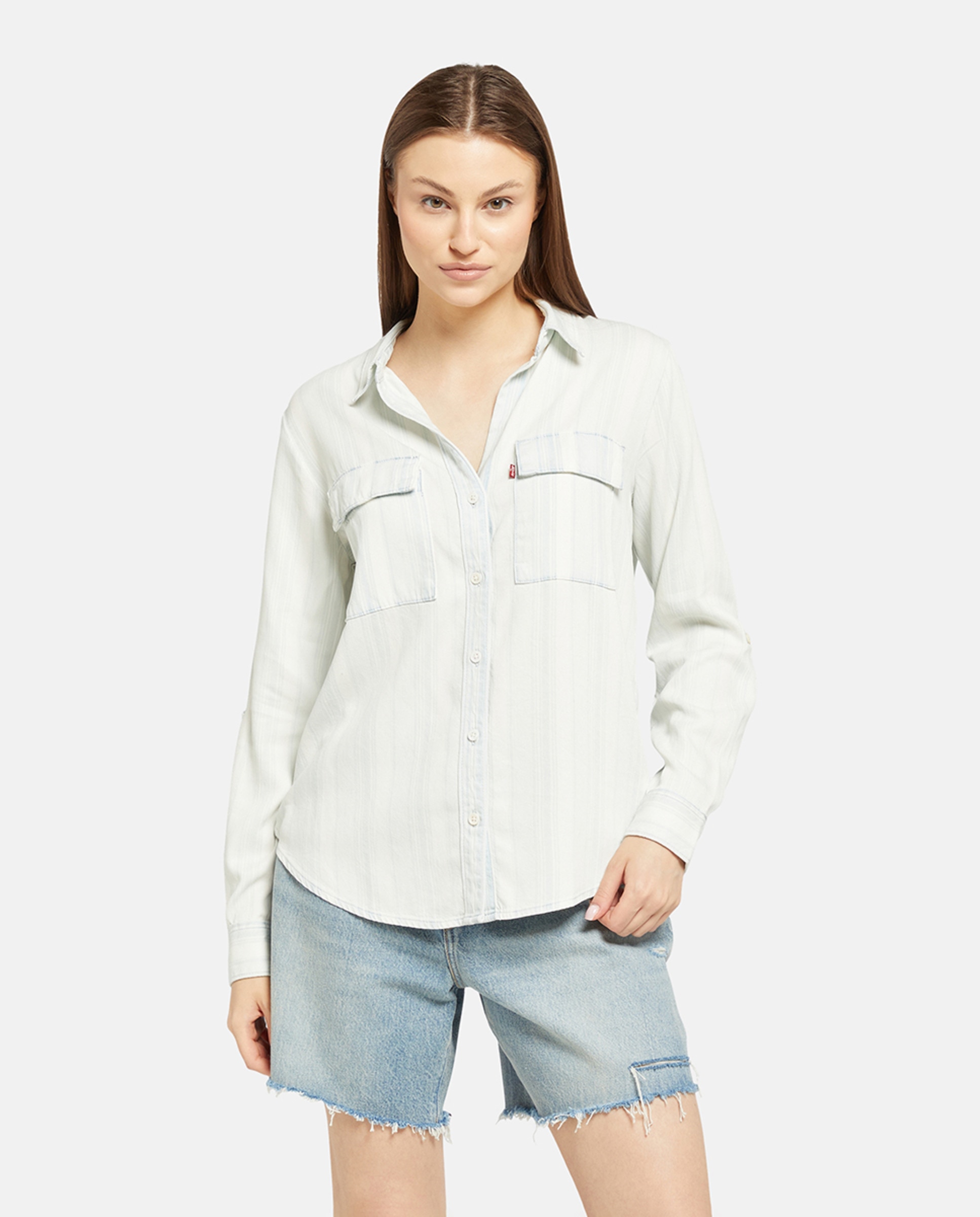 Camisa de mulher com manga comprida Azul-claro-1