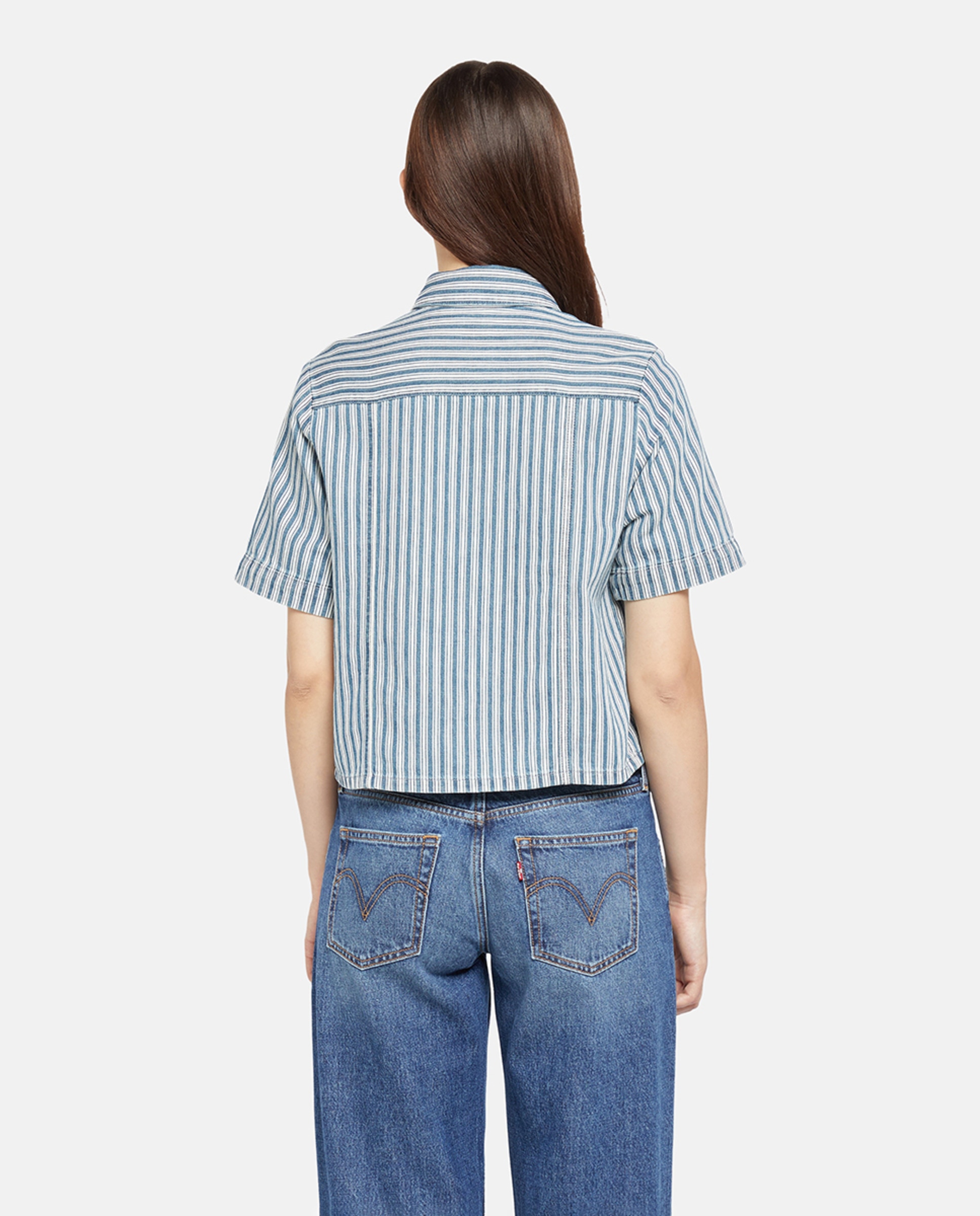 Camisa de Ganga de Algodão e Cânhamo com Manga Curta Azul-claro-2